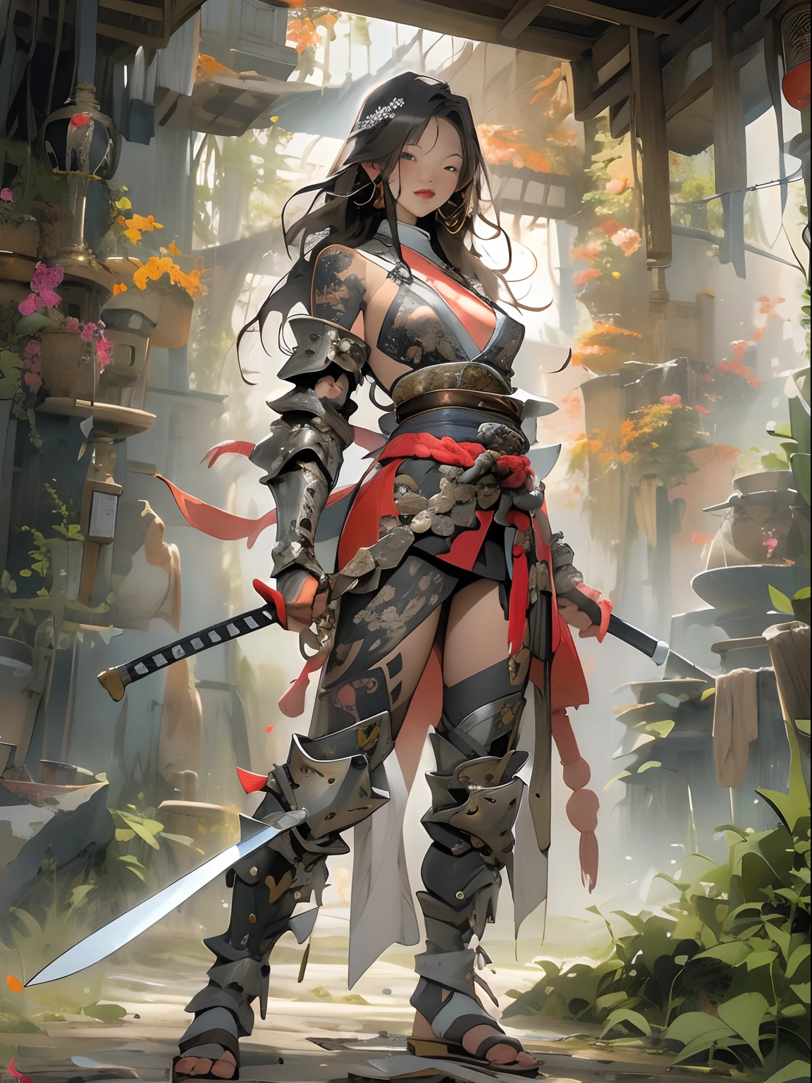 (((woman))), (((best qualityer))), (((tmasterpiece))), (((AS-Adult))), ((( Japanese ))), Look up from your knees, A beautiful asian samurai woman with perfect body, Modern samurai, ((( Asian))), Wear gloves on your hands，The left arm is made of steel and metal tips，Made of protective devices, The eyes are pulled, (( Appears below the breast )), (( Small dental floss )), Simon Bisley, Almost naked（Simon Bisley）Castle City Wilderness，For high-resolution posters, hair straight, Minimum clothing, armure (Crazy clothes ), Full of tips and rivets, tribal tattoos, (((full bodyesbian))), Straight brunette hair，Colored hair ends
