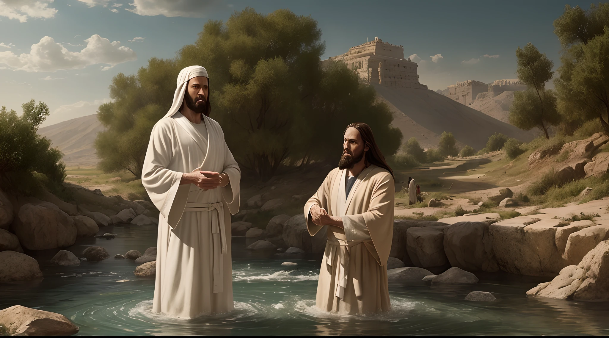 there is an old biblical elder wearing a beige robe baptizing Jesus Christ in a detailed epic image at the age of twenty-five in the Jordan River, Perfect face wearing a white tunic, Detailed biblical image. Detailed and epic image from the biblical film, Scenery of the Biblical River.