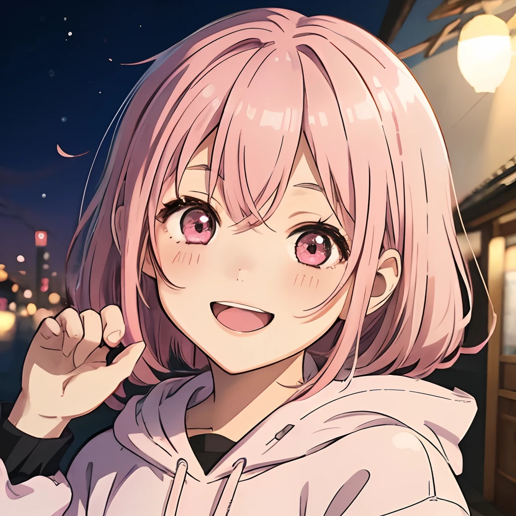 One girl in anime、20 years girl、wearing hoodies、boyish、A pink-haired、A smile、Closing one eye、Happy look、Vibrant poses