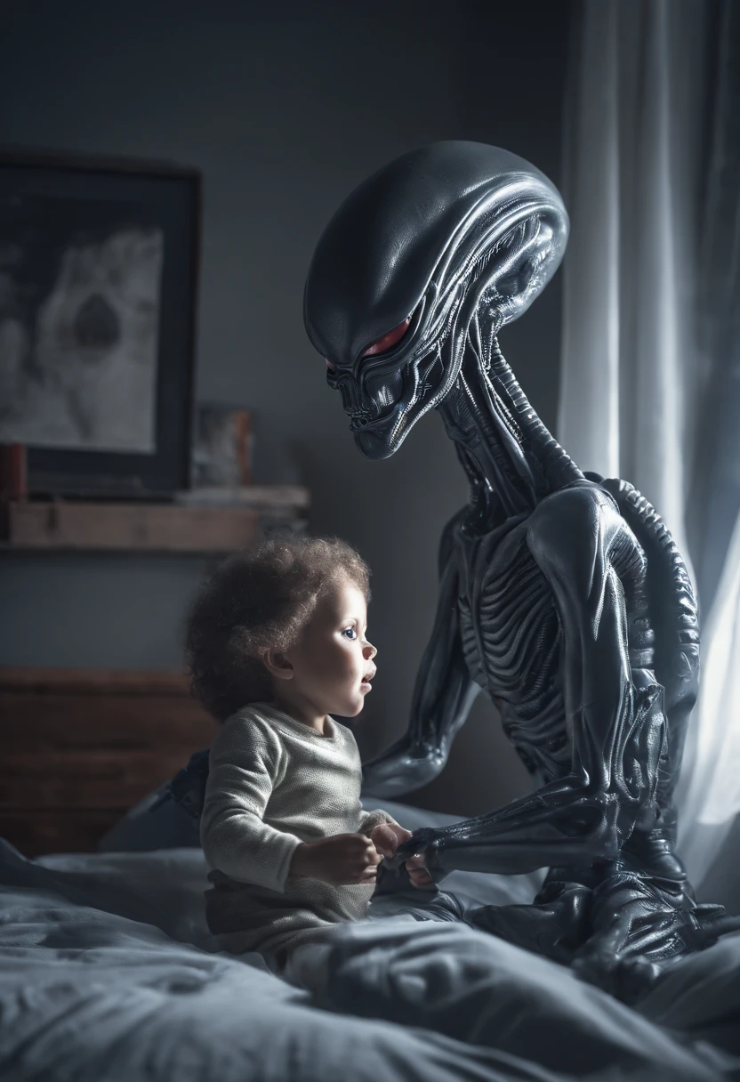 camera footage of a gray alien kidnapping a sleeping in a bedroom, realistic, night vision, blurry, low resolution