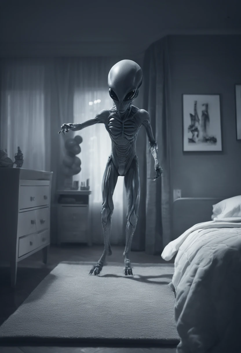 camera footage of a gray alien kidnapping a sleeping in a bedroom, realistic, night vision, blurry, low resolution
