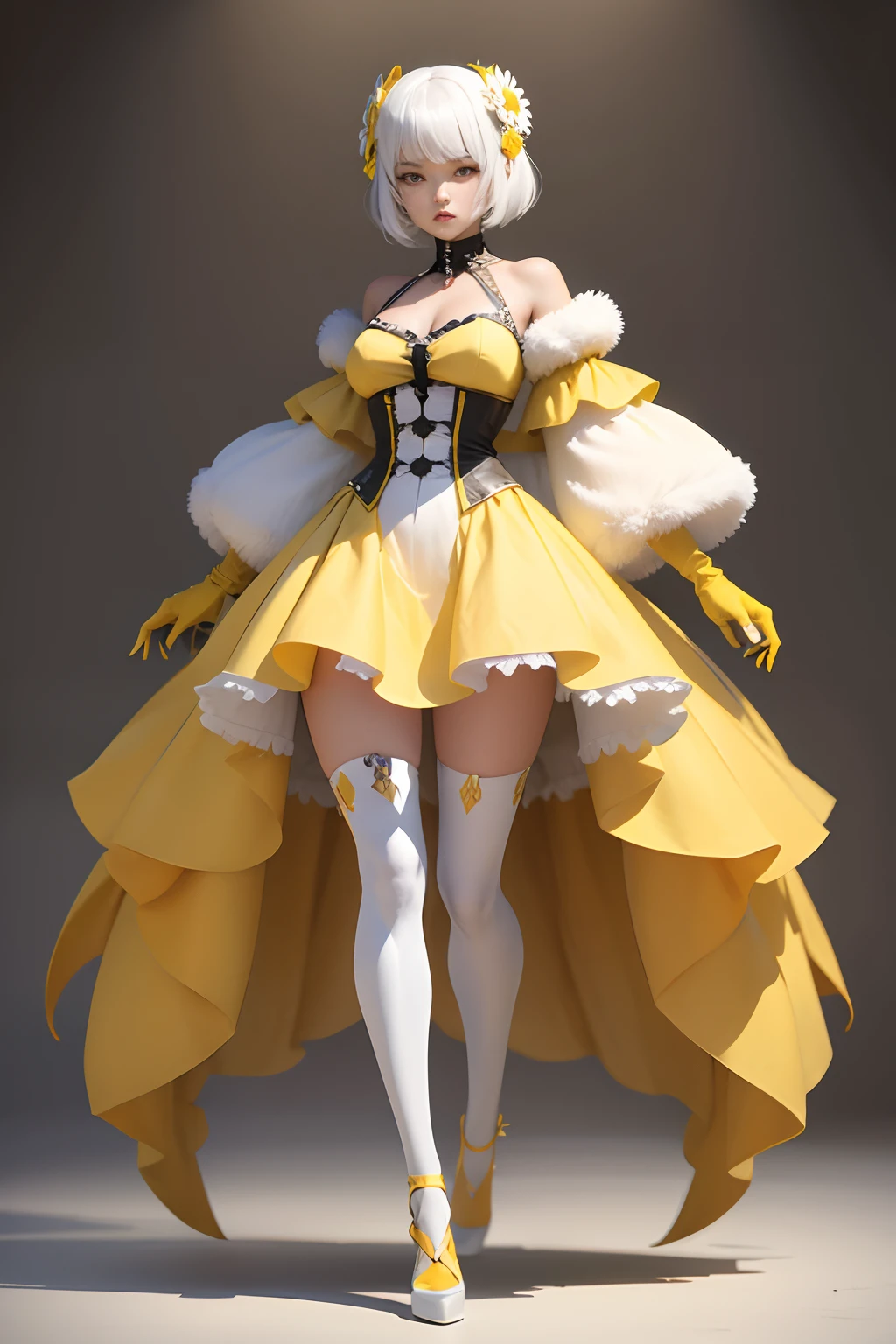 Daisy Monster, full body, palette of white and yellow tones, attack posture, fierce look.