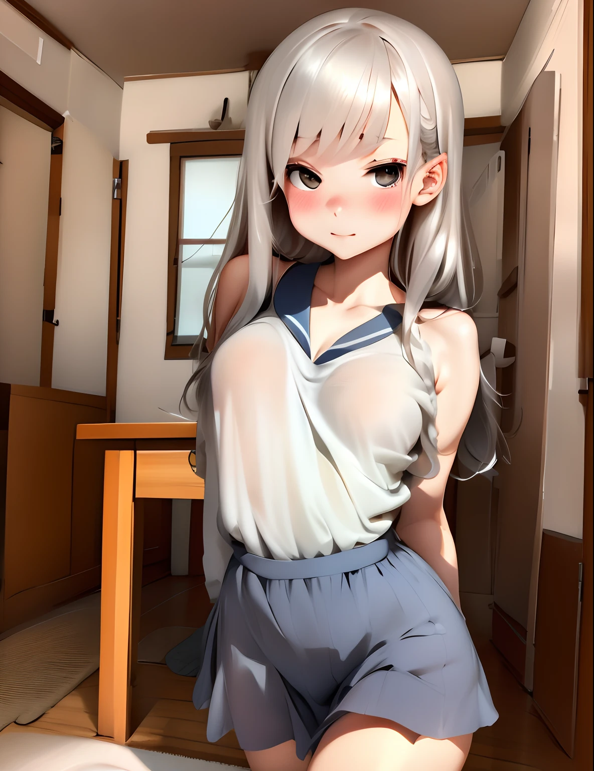 ((Extremely detailed)),, (8K), Best Quality, (Beautiful),((masutepiece)), ((Best Quality)), beautiful a girl,17 age、Light brown eyes、Silky silver hair、Slender body、Smaller chest、hi-school girl、Sailor Suit、(Ultra-detailed), ((kawaii)), Cute, (Embarrassed look),plein air、blurry backround:1.5、Old two-story apartment、Onboro Apartment