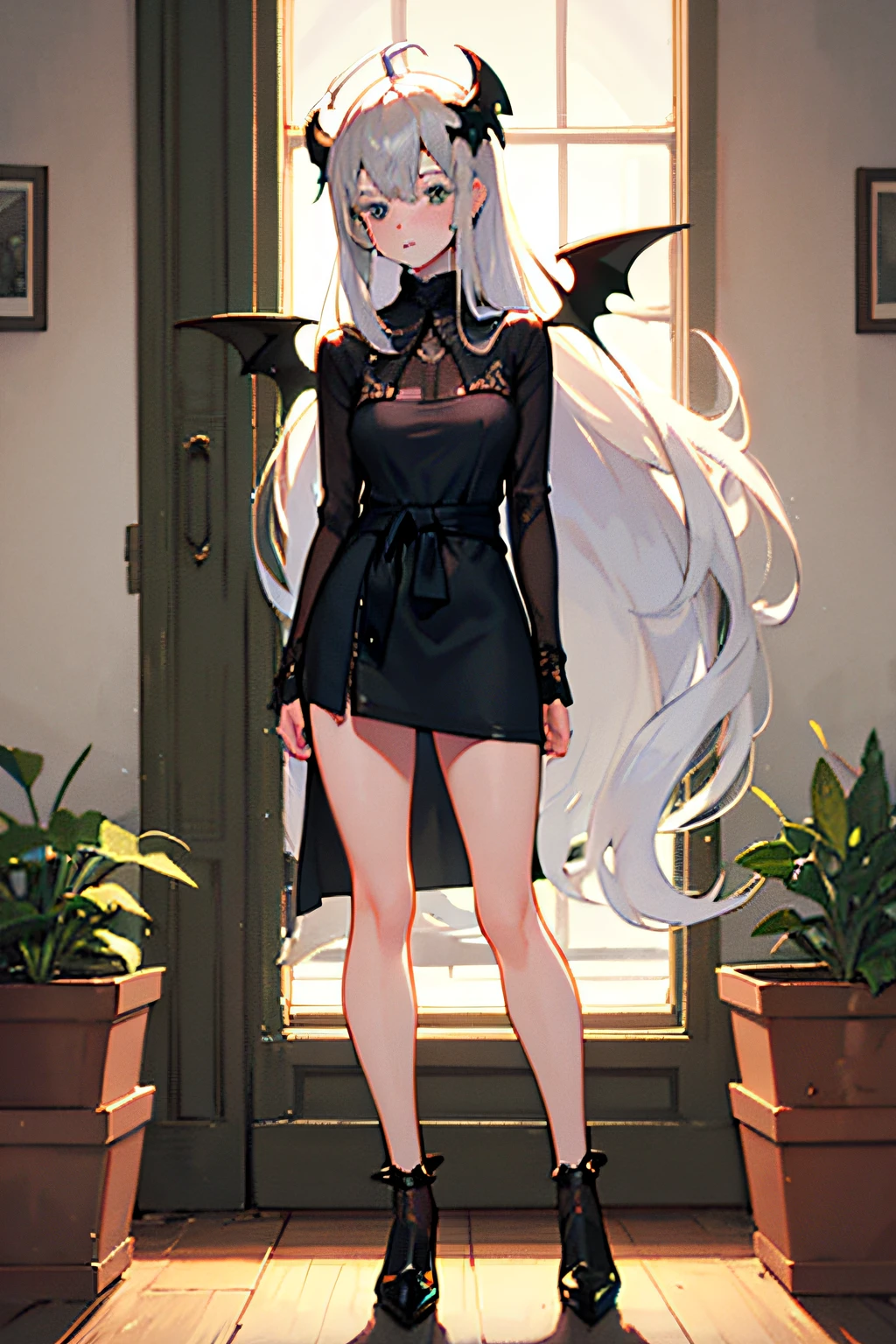 ((masterpiece, best quality)), (1girl), (solo), (female focus), (ahoge, ash blonde hair, long hair), green eyes, ((white shirt), (buttoned shirt)), ((black skirt), (short skirt)), standing, white background, arms behind back, (bat wings on the waist), (sheep horns), sad eyes, cold facial expression, cold look, pale skin, colour grading, dark illustration, extreme quality, extremely detailed, ultra hd 8k, ultra digitality, mythical, dark lightning, sleepy eyes, detailed hands, fine details, ash blonde haired deity, grey-haired, girl with ash blonde hair, nier:automata inspired, nier : automata inspired, grey haired, ash blonde hair girl, perfect grey haired girl, Full body of a person with long hair and a black shirt