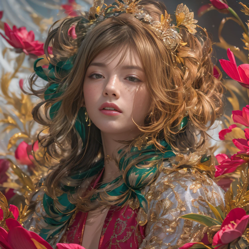 32K（tmasterpiece，k hd，hyper HD，32K）curlies，Flowing rouge，ponds，zydink， a color，  Liaoning people （Glamorous girls）， （Silk scarf）， Combat posture， looking at the ground，  Flowing rouge curls，Green emerald tiara， Chinese long-sleeved rose gold garment， （Abstract gouache splash：1.2）， Pink lotus background，Water lily flower protector（realisticlying：1.4），Rouge hair，Autumn is in full swing，The background is pure， A high resolution， the detail， RAW photogr， Sharp Re， Nikon D850 Film Stock Photo by Jefferies Lee 4 Kodak Portra 400 Camera F1.6 shots, Rich colors, ultra-realistic vivid textures, Dramatic lighting, Unreal Engine Art Station Trend, cinestir 800，Large curls，Flowing rouge