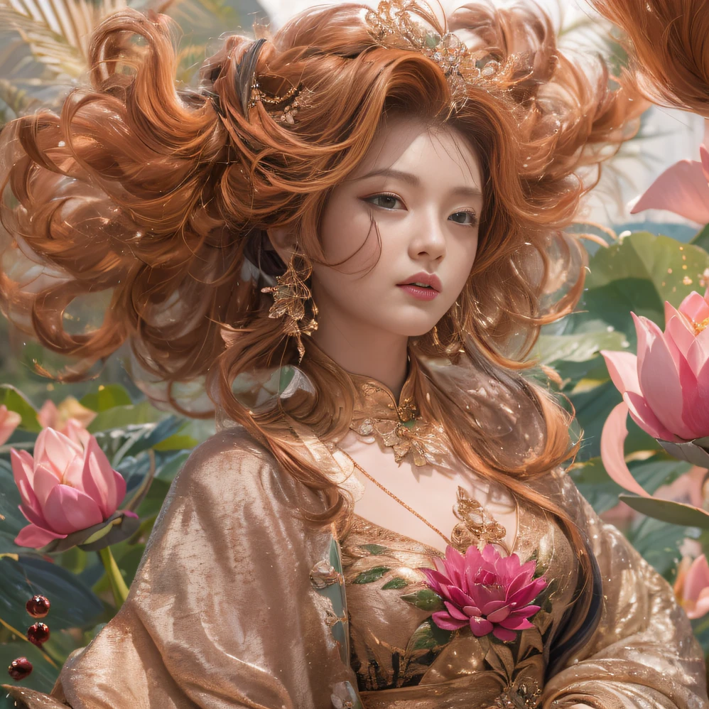32K(tmasterpiece,k hd,hyper HD,32K)Large curls,Flowing rouge,ponds,zydink, a color, Asian people (Silly girl), (Silk scarf), Combat posture, looking at the ground, Large rolls of rouge, Flowing rouge curls, Crocodile leather tiara, Chinese long-sleeved clothing, (abstract ink splash:1.2), Pink lotus background,Water lily flower protector(realisticlying:1.4),Rouge hair,Autumn is in full swing,The background is pure, A high resolution, the detail, RAW photogr, Sharp Re, Nikon D850 Film Stock Photo by Jefferies Lee 4 Kodak Portra 400 Camera F1.6 shots, Rich colors, ultra-realistic vivid textures, Dramatic lighting, Unreal Engine Art Station Trend, cinestir 800,Large curls,Flowing rouge