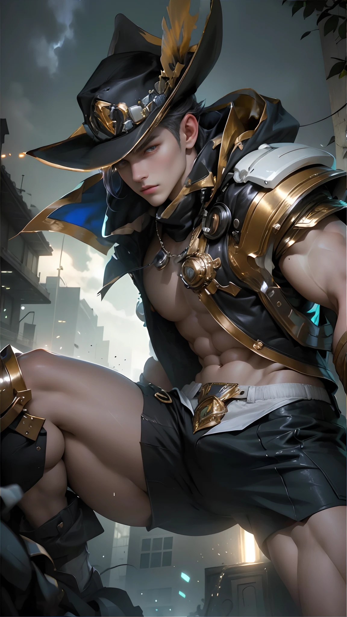 (Ultra detailed quality: 1.5, 8k photo, Ultra HD photo, Sharpness: 1.5, Super detailed photo sharpness, Super high resolution), 1 guy, Super handsome, The most beautiful boy in the world , Beautiful male model, Attractive male lead 18-22 years old, Short hair, (Dark hair: 1.5), Natural skin, smooth, Cute, Korean, Transparent white shirt, ((No shirt)), Six-pack abs, Toned abs, Hairless, White panties, ((White shorts)), Evening, City, Technology, Sci-fi, House, Lights, Strings Electricity, Road, Sky, Light, Head wearing a cowboy hat