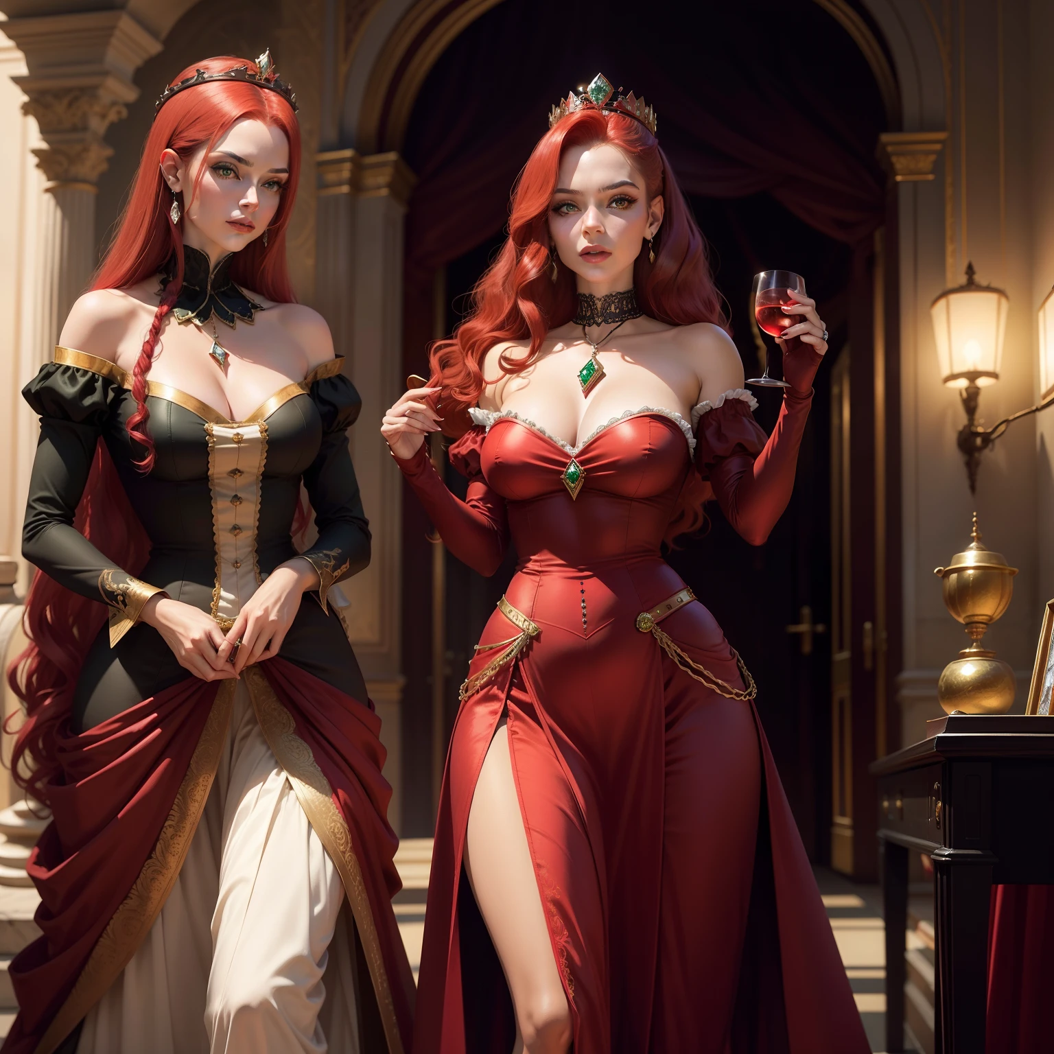 A mature woman 40 years old Light-skinned green eyes Long red hair from maple to waist, with a diamond-studded crown on the corselet head of red satin medieval type , Red satin neckline long skirt A ruby jewel on the neck Red gloves in colonial style Smoking with your Cigarillo Have a drink with a black fan , vermelho e dourado Conversado com um homem bonito alto ,misterioso, perigoso de capa preta e mini cartola preta , and in the conversation showing that she is safer than him