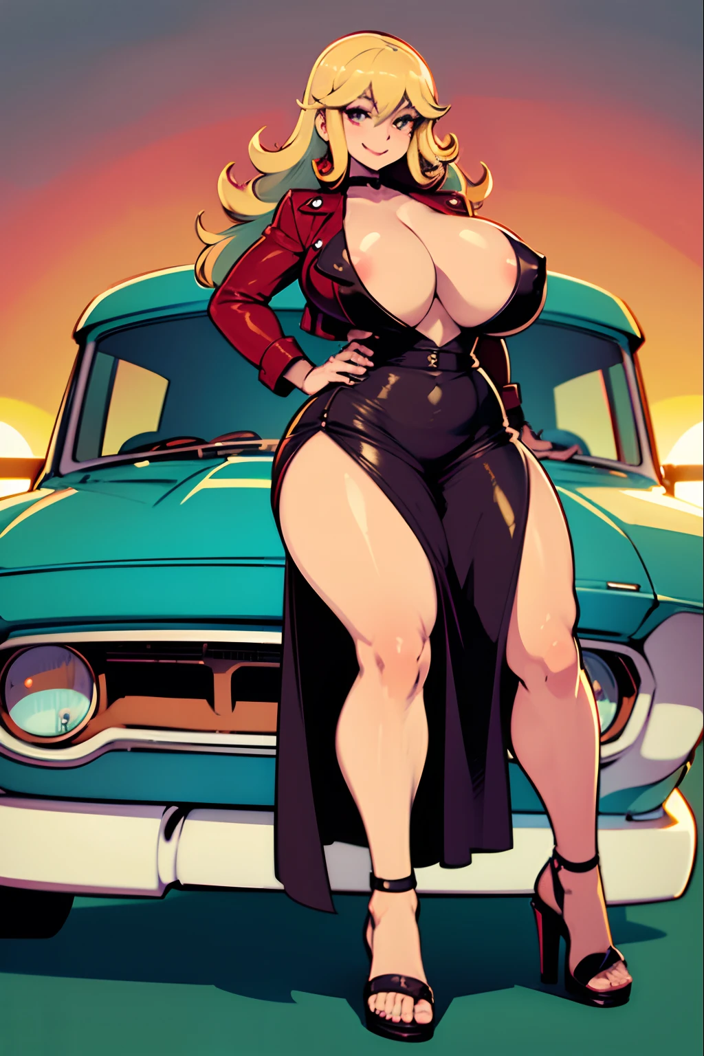 Vintage street, route 66, Vintage café, Voluptuous Woman with Huge Tits Wide Hips and thick thighs. Long Red flowy dress, leather jacket. Dark Tan skin, Light Tan lines. Long blonde curly hair. Teal eye color. 2D best quality, vivid colors. Confident, smiling, bouncy breasts, curvaceous, thicc hips, oval thighs. Sunset, sun going down. smiling with teeth closed. High heel sandals, standing in front of a 60's muscle car. No underwear, exposed nipples, pinup pose, one leg up, showing breasts