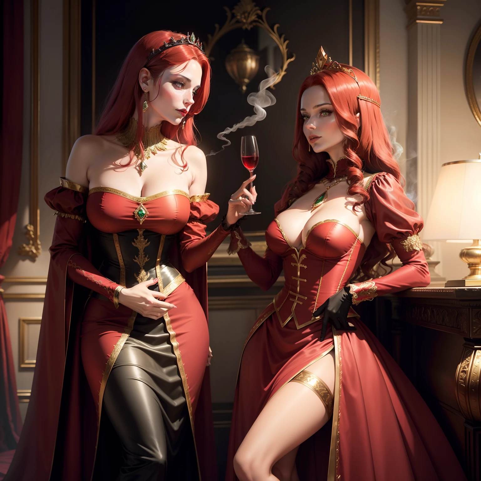 A mature woman 40 years old Light-skinned green eyes Long red hair from maple to waist, with a diamond-studded crown on the corselet head of red satin medieval type , Red satin neckline long skirt A ruby jewel on the neck Red gloves in colonial style Smoking with your Cigarillo Have a drink with a black fan , vermelho e dourado Conversado com um homem bonito alto ,misterioso, perigoso de capa preta e mini cartola preta , and in the conversation showing that she is safer than him