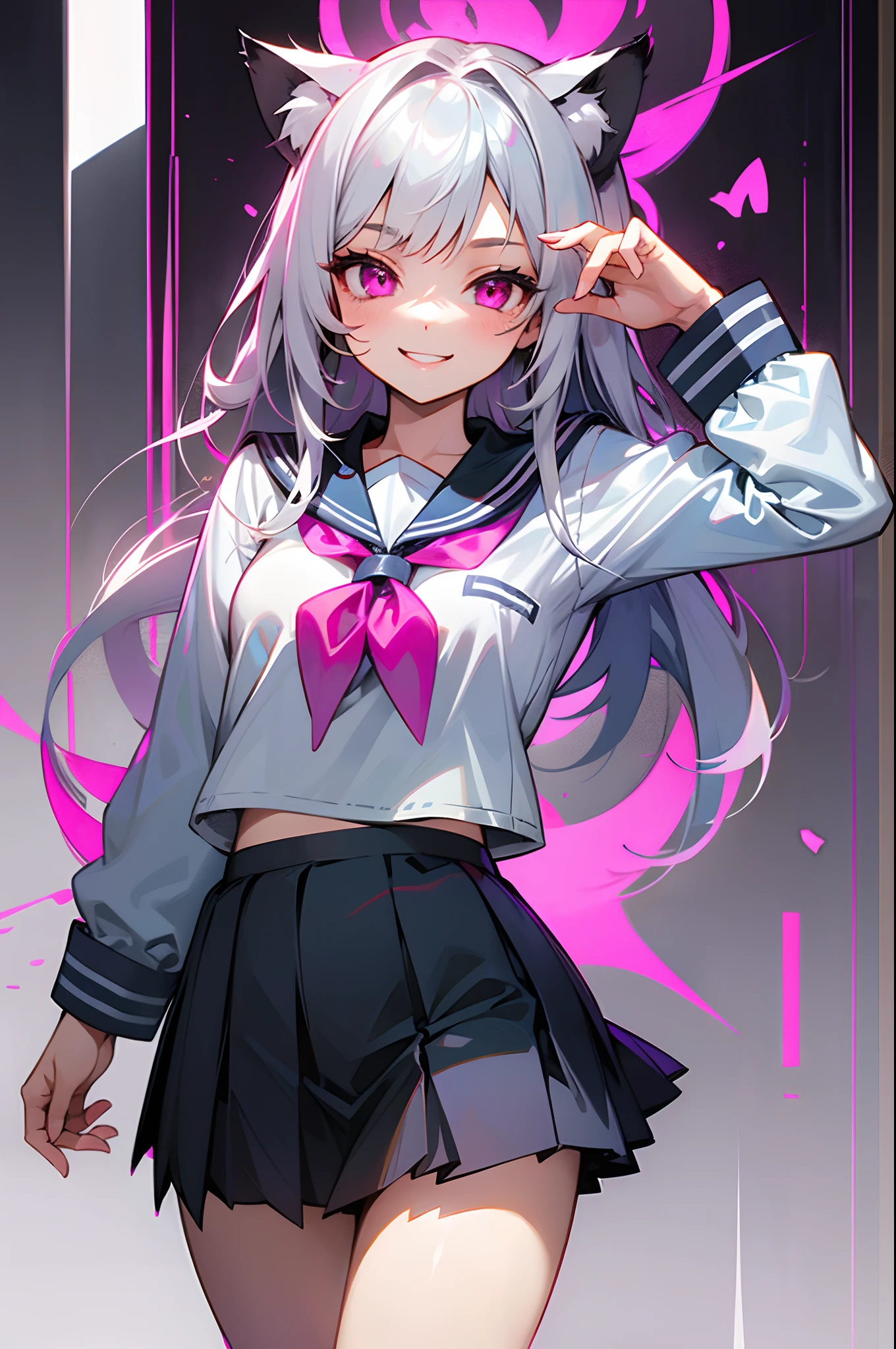 girl with、hi-school girl、Sailor Uniform、a miniskirt、silber hair、long silvery hair、Cat's ears、Pink eyes、Evil smile