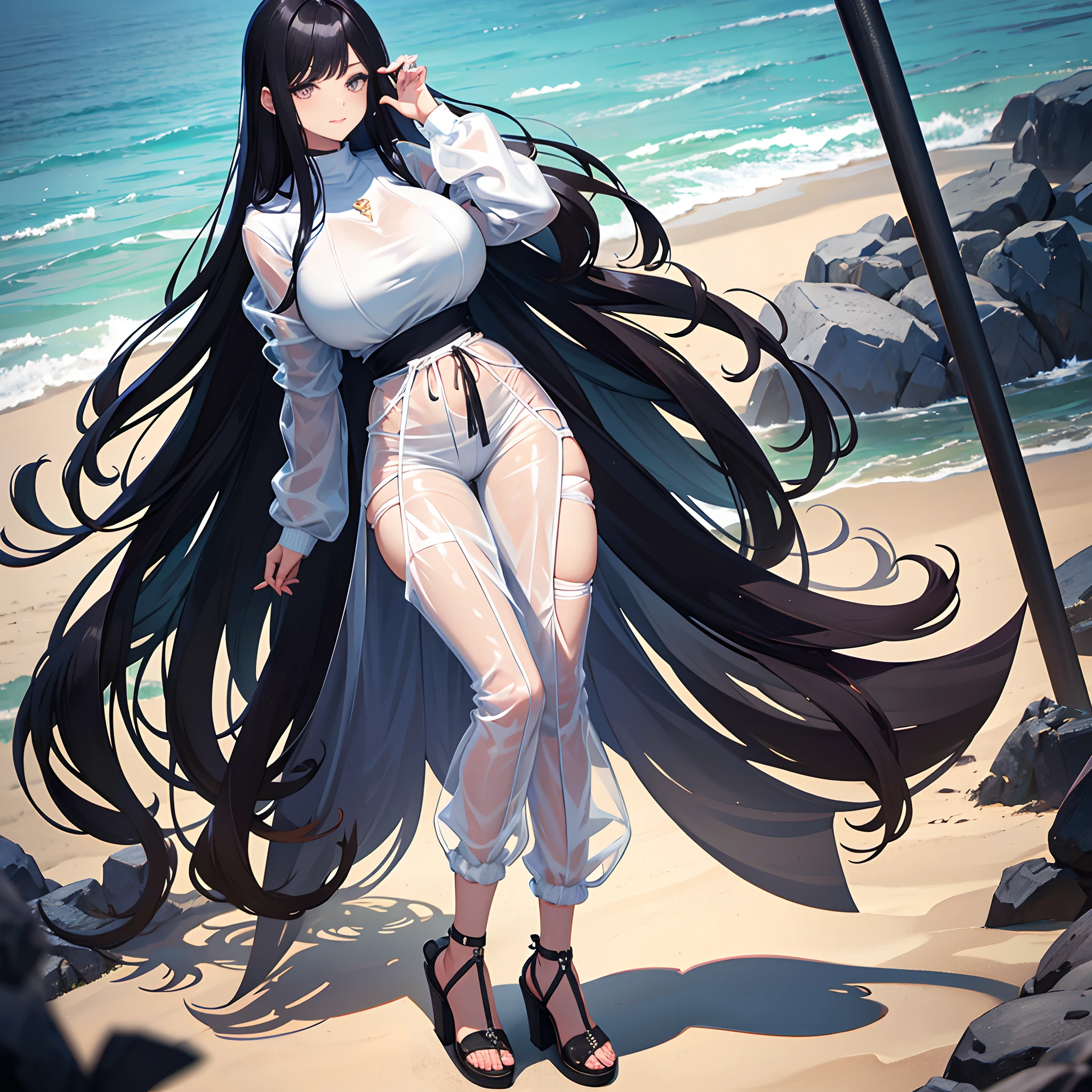 huge tits,Clear plastic sweatshirt，Clear plastic flared pants，Tong，Long black hair，Black colored eyes，Black high-heeled sandals，stand on sand，Crossed waist with one hand，ssmile