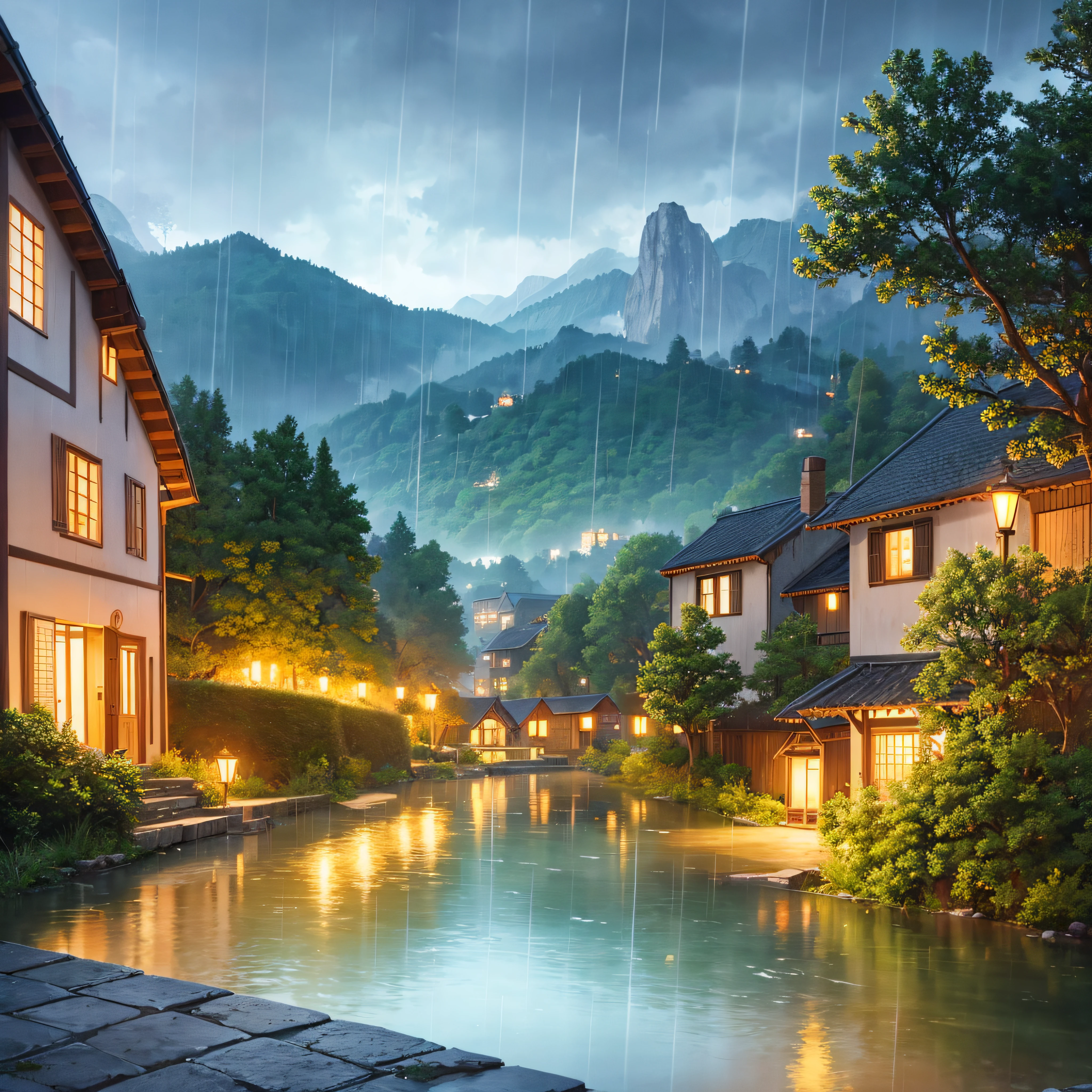beautiful village, rain, evening, lake, ultrasharp, 8K, masterpiece