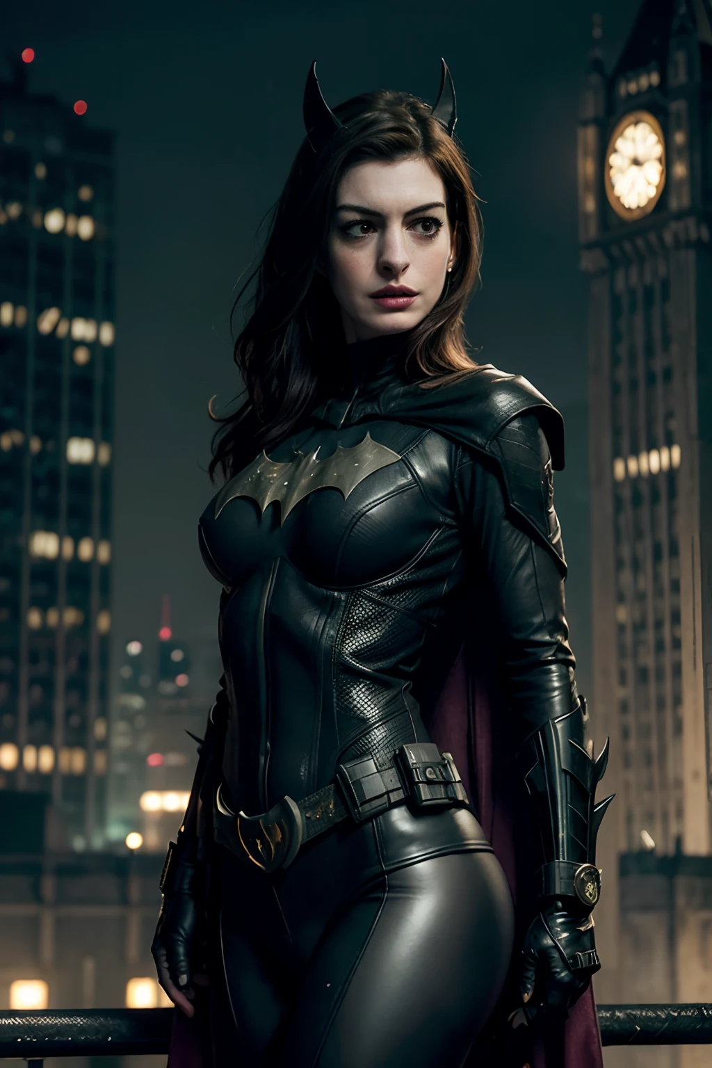 ((Anne Hathaway as Batgirl holding a Batarang)), wearing cyberpunk Batgirl armor with cape, (dynamic pose), no mask, defined muscles, red hair, athletic build, tight costume, very beautiful, ((sexy, small natural breast, cleavage, nippin, camel toe)),  (highly detailed skin: 1.2), serious face, beautiful face, highly detailed skin, skin pores, (highly detailed face:1.1), (highly detailed eyes:1.1), realistic pupils, full face blush, full lips, (perfect anatomy:1.1), (perfect proportions:1.1), (photography:1.1), (photorealistic:1.1), volumetric lighting, dynamic lighting, real shadows, (highres:1.1), sharp focus, (realistic, hyperrealistic:1.4), intricate, high detail, dramatic, subsurface scattering, vivid, polished, sharpened, 35mm, 8k, (((Night photography, Gotham city background)