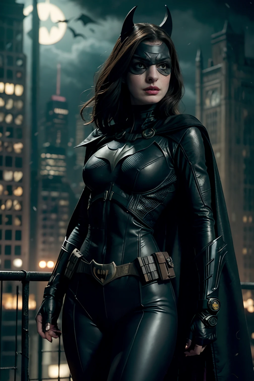 ((Anne Hathaway as Batgirl holding a Batarang)), wearing cyberpunk Batgirl armor with cape, (dynamic pose), no mask, defined muscles, red hair, athletic build, tight costume, very beautiful, ((sexy, small natural breast, cleavage, nippin, camel toe)),  (highly detailed skin: 1.2), serious face, beautiful face, highly detailed skin, skin pores, (highly detailed face:1.1), (highly detailed eyes:1.1), realistic pupils, full face blush, full lips, (perfect anatomy:1.1), (perfect proportions:1.1), (photography:1.1), (photorealistic:1.1), volumetric lighting, dynamic lighting, real shadows, (highres:1.1), sharp focus, (realistic, hyperrealistic:1.4), intricate, high detail, dramatic, subsurface scattering, vivid, polished, sharpened, 35mm, 8k, (((Night photography, Gotham city background)