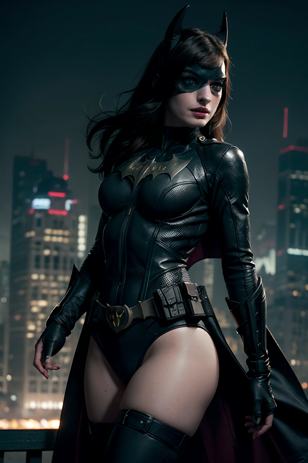 ((Anne Hathaway as Batgirl holding a Batarang)), wearing cyberpunk Batgirl armor with cape, (dynamic pose), no mask, defined muscles, red hair, athletic build, tight costume, very beautiful, ((sexy, small natural breast, cleavage, nippin, camel toe)),  (highly detailed skin: 1.2), serious face, beautiful face, highly detailed skin, skin pores, (highly detailed face:1.1), (highly detailed eyes:1.1), realistic pupils, full face blush, full lips, (perfect anatomy:1.1), (perfect proportions:1.1), (photography:1.1), (photorealistic:1.1), volumetric lighting, dynamic lighting, real shadows, (highres:1.1), sharp focus, (realistic, hyperrealistic:1.4), intricate, high detail, dramatic, subsurface scattering, vivid, polished, sharpened, 35mm, 8k, (((Night photography, Gotham city background)