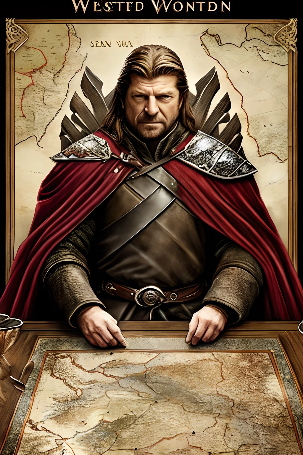 Eddard Stark (Type Sean Bean) stands at a table in the throne room and looks at a map of Westeros, laid out on the table, He's in the throne room, Looking at the map, He has brown hair, He is 35 years old, serious expression, holding a sharp sword in his hand, high detail