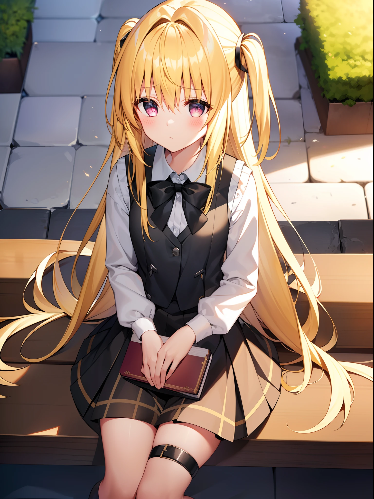 phyami、yamisch、1girl in、length hair、独奏、校服、hair adornments、hair between eye、two side up、blonde  hair、Very long hair、skirt by the、Akame、thigh strap、Sweater Vest、Plaid skirt、Plaid、Black socks、Both sides up、hair adornments、pleatedskirt、knee high、 Break 8K、​masterpiece、top-quality、ultra-detailliert、extremely delicate and beautiful、beatiful detailed eyes、beautiful detailed brilliance、high key lighting、(deadpan)、 Holding a book、 Courtyard sitting on a bench、 Noon Cowboy Shot、