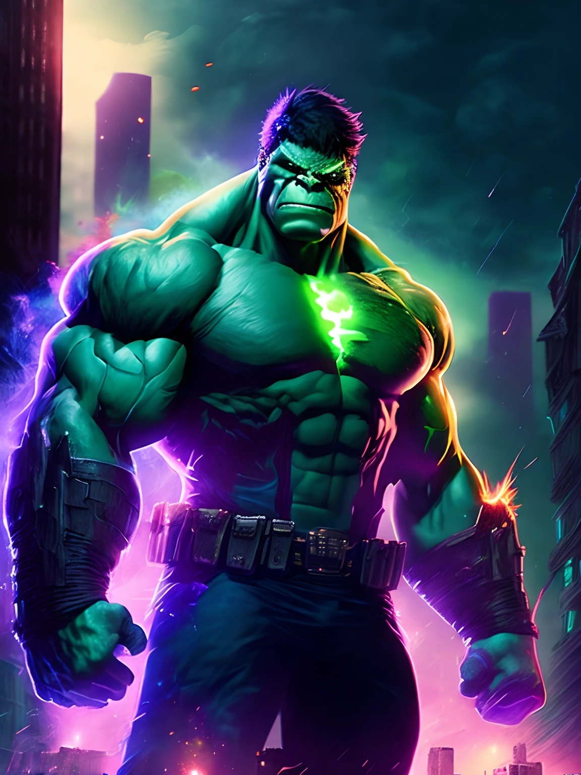 Retrato sombrio do Hulk zumbi da marvel, extremamente detalhado, futuristic cityscape, noite, glowing neon lights, smoke billowing, Sparks, Metal shavings, Detritos voadores, efeitos da energia azul, volumetric light