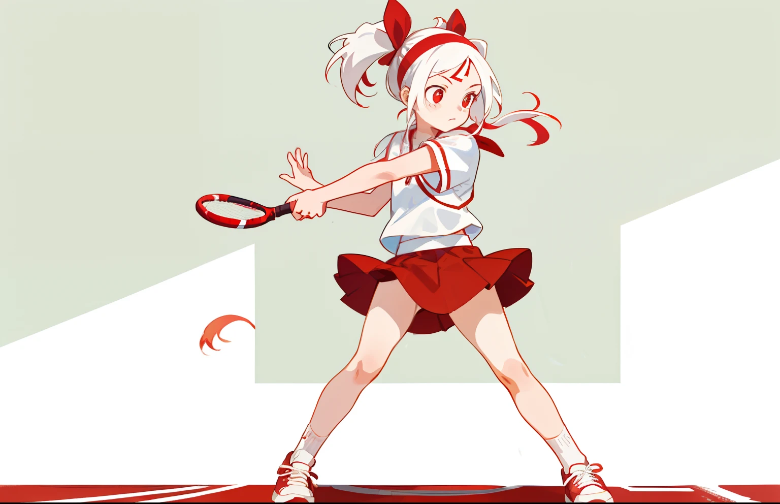 1girll, Realistic cute girl painting，A red ribbon is tied around the forehead，Solo，White shirt, Red skirt, Socks, double tails，athletic sneakers， (full body shot:1.0)，Tennis court background，Hold a tennis racket in both hands，red pupils，Smash，Off-white hair，Masterpiece grade CG wallpaper，