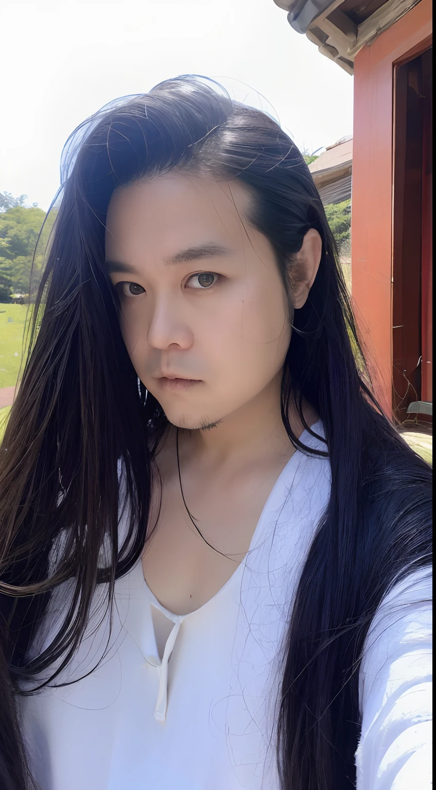of a guy,long whitr hair,Black hair,Handsome,Deep eyes,looking back at the camera,Bust,closeup cleavage,Wear Hanfu,Black Hanfu,Black Buhan followed,Ancient wind,lumnious,Contour light,3/4 perspectives,The background is blurred out