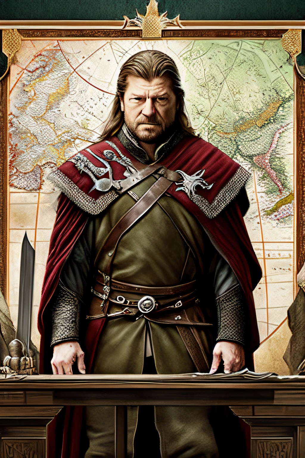 Eddard Stark (Type Sean Bean) stands at a table in the throne room and looks at a map of Westeros, laid out on the table, He's in the throne room, Looking at the map, He has brown hair, He is 35 years old, serious expression, holding a sharp sword in his hand, high detail