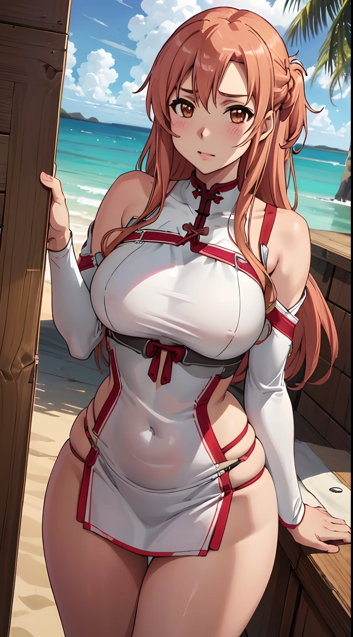 (best quality:1.3), Asuna Yuuki, (biquini com decote), peituda, clivagem, (bochechas rosadas),  sedutora, rosto sexy,  sexy, body curvy, bunda grande, peitos grandes, praia