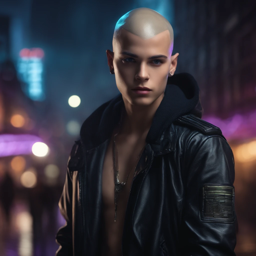(best quality, highres, realistic:1.37),
teenage boy with almost bald head and light beige skin color,
cyberpunk style, neon lights,
detailed futuristic cityscape in the background,
glowing holographic tattoos on the boy's arms and face,
chrome cybernetic implants on the boy's head and hands,
futuristic fashion with a leather jacket and high-tech accessories,
smoke and mist filling the scene,
vivid colors with a dominant blue and purple tone,
dramatic and dynamic lighting,
digital rain falling in the background,
city skyline with tall skyscrapers and flying vehicles,
reflection of lights and holograms on wet pavements,
rainwater dripping from the boy's slicked-back hair,
expression of determination and confidence in the boy's eyes,
motion lines and energy effects around the boy's body,
sharp focus on the boy's face and tattoos,
gritty and dystopian atmosphere,
high-tech gadgets and augmented reality elements scattered around the scene,
faint glow of the moon in the cloudy night sky,
cinematic composition with diagonal lines and symmetry,
mysterious and captivating ambiance.