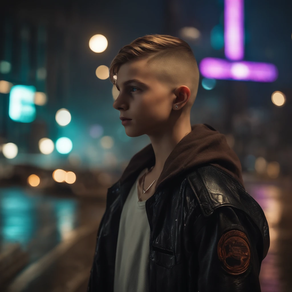 (best quality, highres, realistic:1.37),
age boy with almost bald head and light beige skin color,
cyberpunk style, neon lights,
detailed futuristic cityscape in the background,
glowing holographic tattoos on the boy's arms and face,
chrome cybernetic implants on the boy's head and hands,
futuristic fashion with a leather jacket and high-tech accessories,
smoke and mist filling the scene,
vivid colors with a dominant blue and purple tone,
dramatic and dynamic lighting,
digital rain falling in the background,
city skyline with tall skyscrapers and flying vehicles,
reflection of lights and holograms on wet pavements,
rainwater dripping from the boy's slicked-back hair,
expression of determination and confidence in the boy's eyes,
motion lines and energy effects around the boy's body,
sharp focus on the boy's face and tattoos,
gritty and dystopian atmosphere,
high-tech gadgets and augmented reality elements scattered around the scene,
faint glow of the moon in the cloudy night sky,
cinematic composition with diagonal lines and symmetry,
mysterious and captivating ambiance.