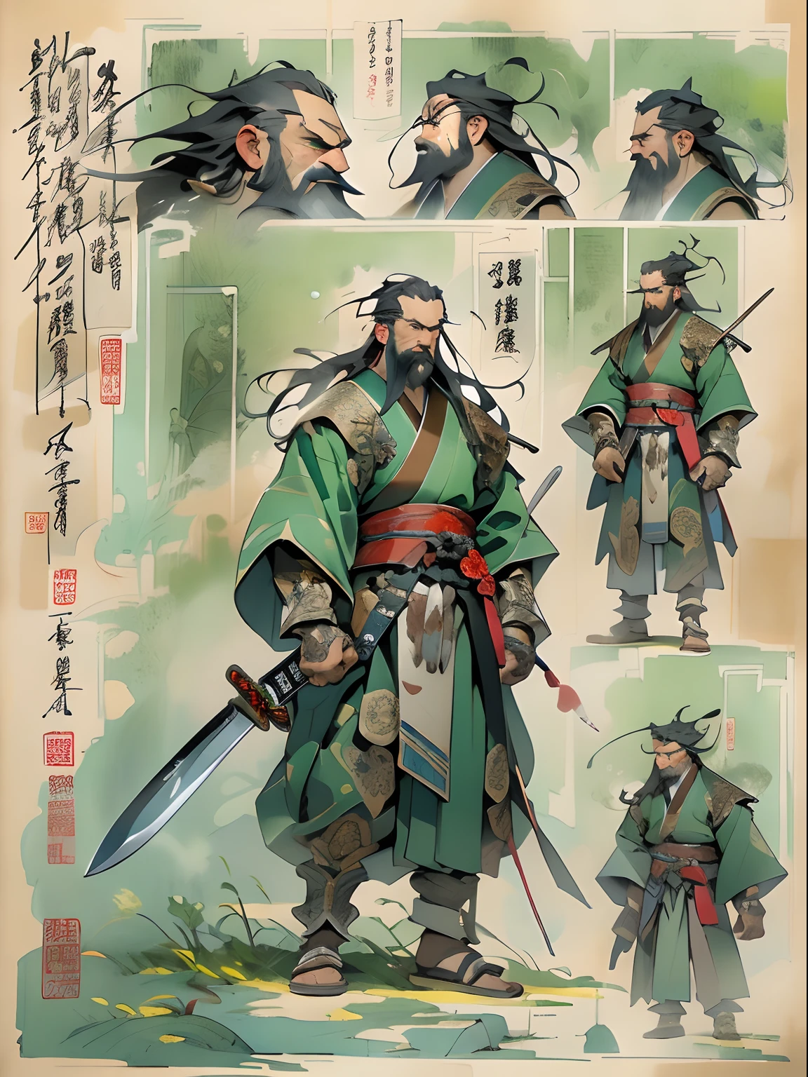 (((China-style,Ink painting method,Half-length portrait,Intense color,Han dynasty, China,Hanfu,Armor,Guan yu,Guan Yunchang,of a guy,Ruddy killing square face,Hold the Blue Dragon Moon Knife in his right hand,Stroke your beard with your left hand,Long hair,petty eyes,Green robe))), (((best qualityer))), (((tmasterpiece))), (((AS-Adult))), ((( Japanese ))), Look up from your knees, Handsome Asian samurai,perfect body figure, Modern samurai, ((( Asian))), Wear gloves on your hands,The left arm is made of steel and metal tips,Made of protective devices, The eyes are pulled, (( Appears below the chest )), (( Small dental floss )), Simon Bisley, Almost naked(Simon Bisley)Castle City Wilderness,For high-resolution posters, hair straight, Minimum clothing, armure (Crazy clothes ), Full of tips and rivets, tribal tattoos, (((full bodyesbian))), Straight brunette hair,Colored hair ends