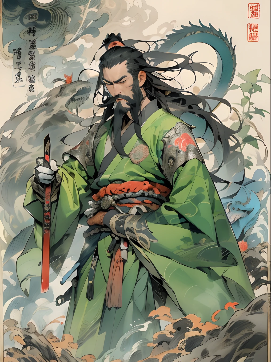 (((China-style,Ink painting method,Half-length portrait,Intense color,Han dynasty, China,Hanfu,Armor,Guan yu,Guan Yunchang,of a guy,Ruddy killing square face,Hold the Blue Dragon Moon Knife in his right hand,Stroke your beard with your left hand,Long hair,petty eyes,Green robe))), (((best qualityer))), (((tmasterpiece))), (((AS-Adult))), ((( Japanese ))), Look up from your knees, Handsome Asian samurai,perfect body figure, Modern samurai, ((( Asian))), Wear gloves on your hands,The left arm is made of steel and metal tips,Made of protective devices, The eyes are pulled, (( Appears below the chest )), (( Small dental floss )), Simon Bisley, Almost naked(Simon Bisley)Castle City Wilderness,For high-resolution posters, hair straight, Minimum clothing, armure (Crazy clothes ), Full of tips and rivets, tribal tattoos, (((full bodyesbian))), Straight brunette hair,Colored hair ends
