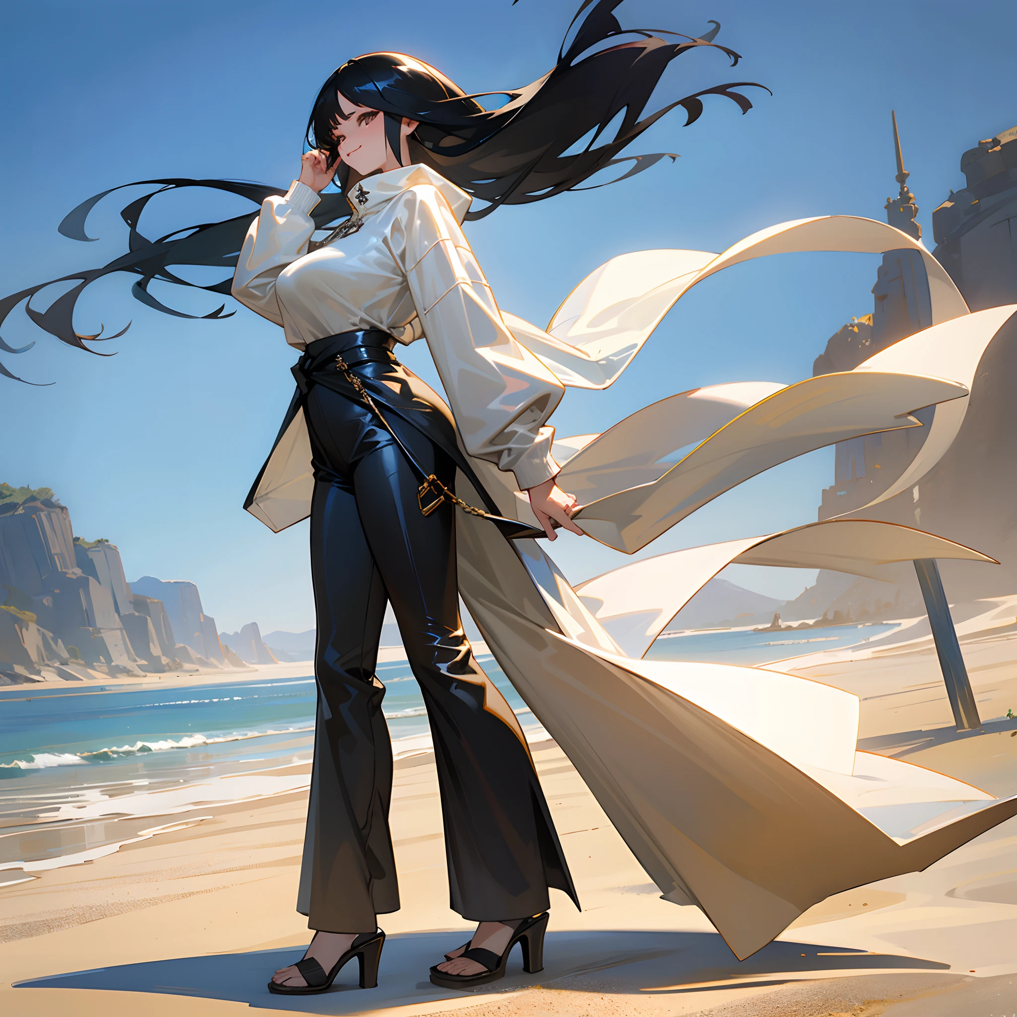 huge tits,Clear plastic sweatshirt,Clear plastic flared pants,Tong,Long black hair,Black colored eyes,Black high-heeled sandals,stand on sand,Crossed waist with one hand,ssmile
