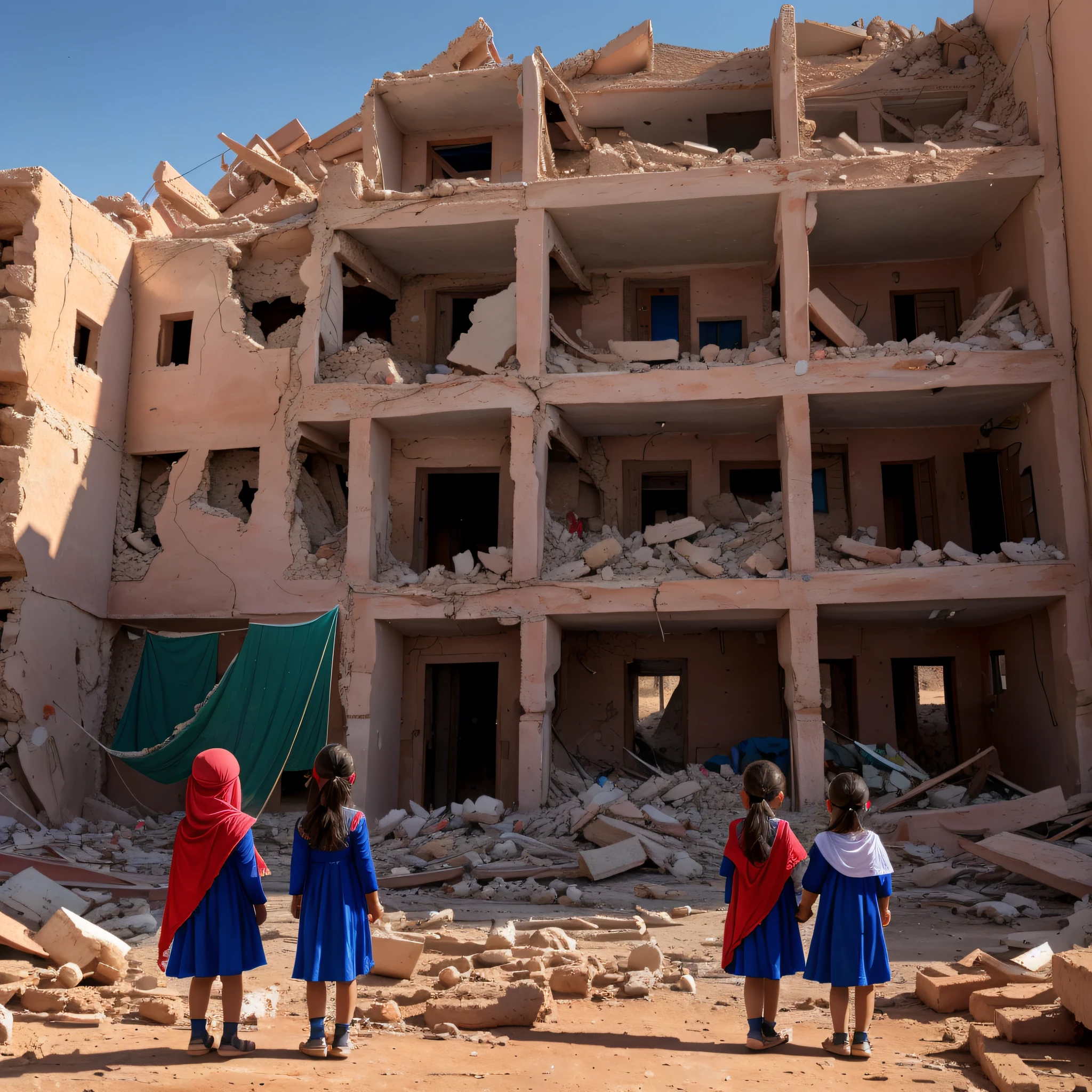 Morocco earthquake, two little girls from behind holding Moroccan flag looking at rubble and destruction, somber, hope, sunrays, (masterpiece:1.1) (best quality) (detailed) (intricate) (8k) (HDR) (cinematic lighting) (sharp focus:1.1)