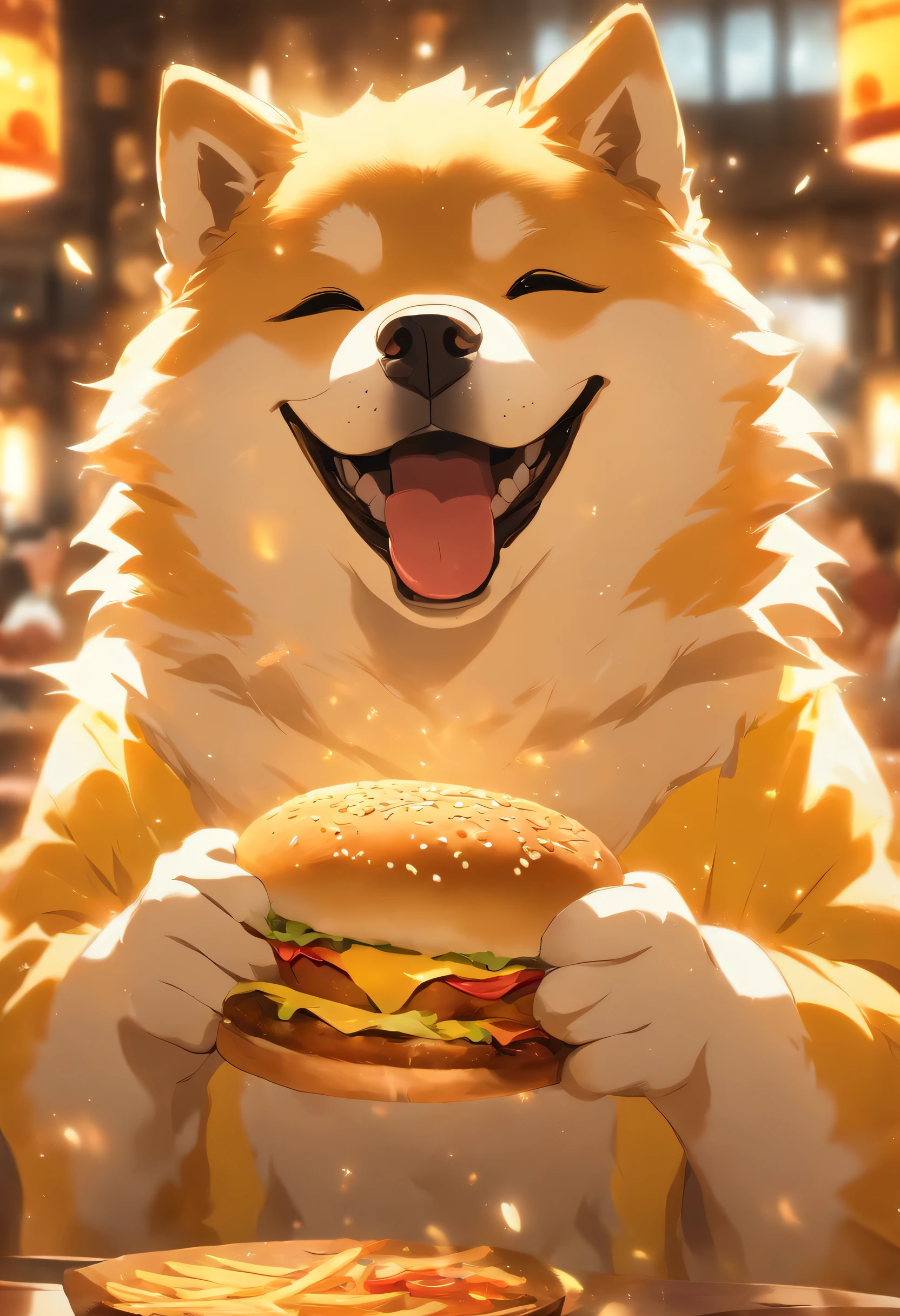 A professional photo, Yellow-white Akita Inu, Grinning, In the restaurant, Holding a large burger in both hands, Cinematic dramatic light, Smooth transition, Bokeh