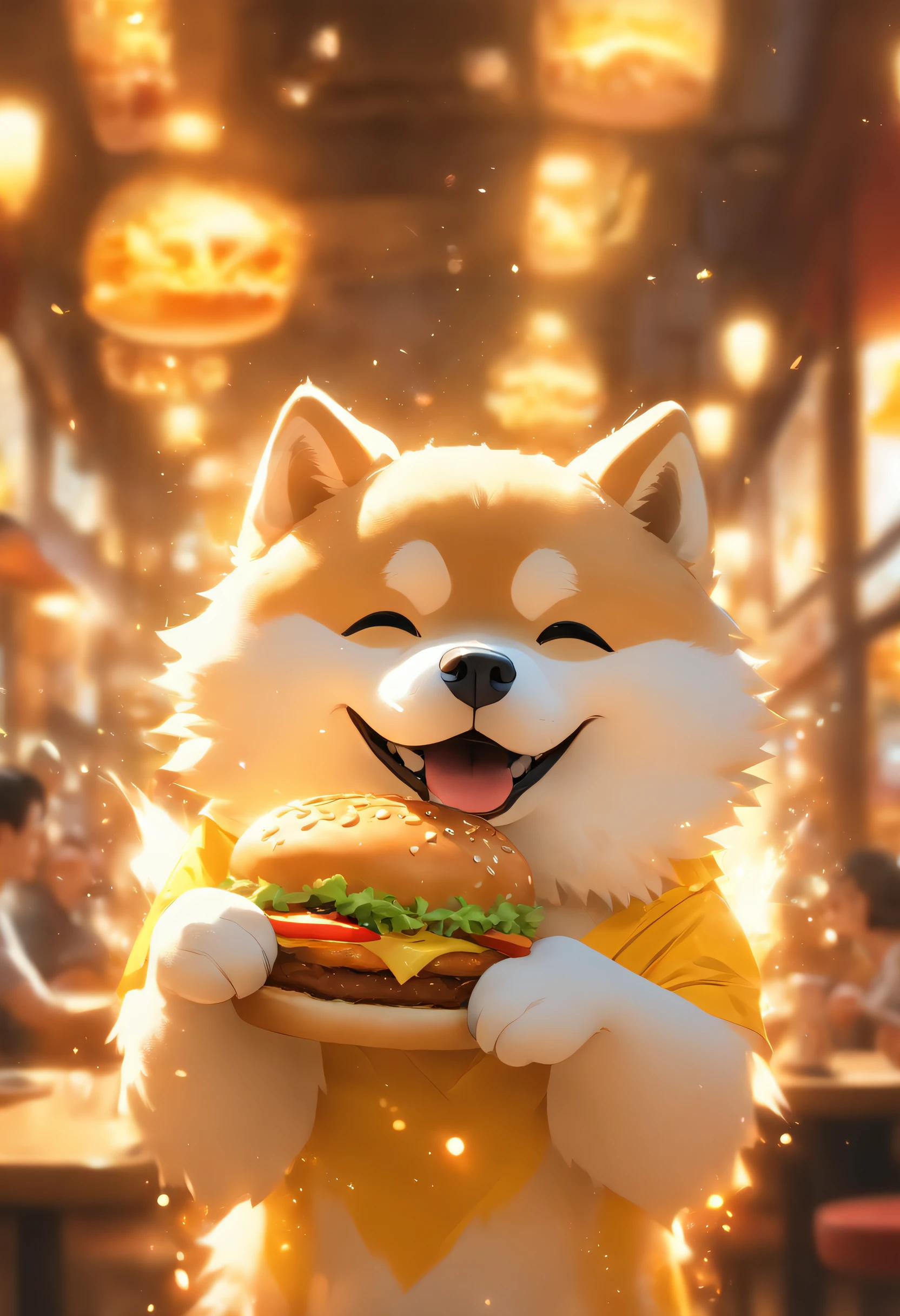 A professional photo, Yellow-white Akita Inu, Grinning, In the restaurant, Holding a large burger in both hands, Cinematic dramatic light, Smooth transition, Bokeh