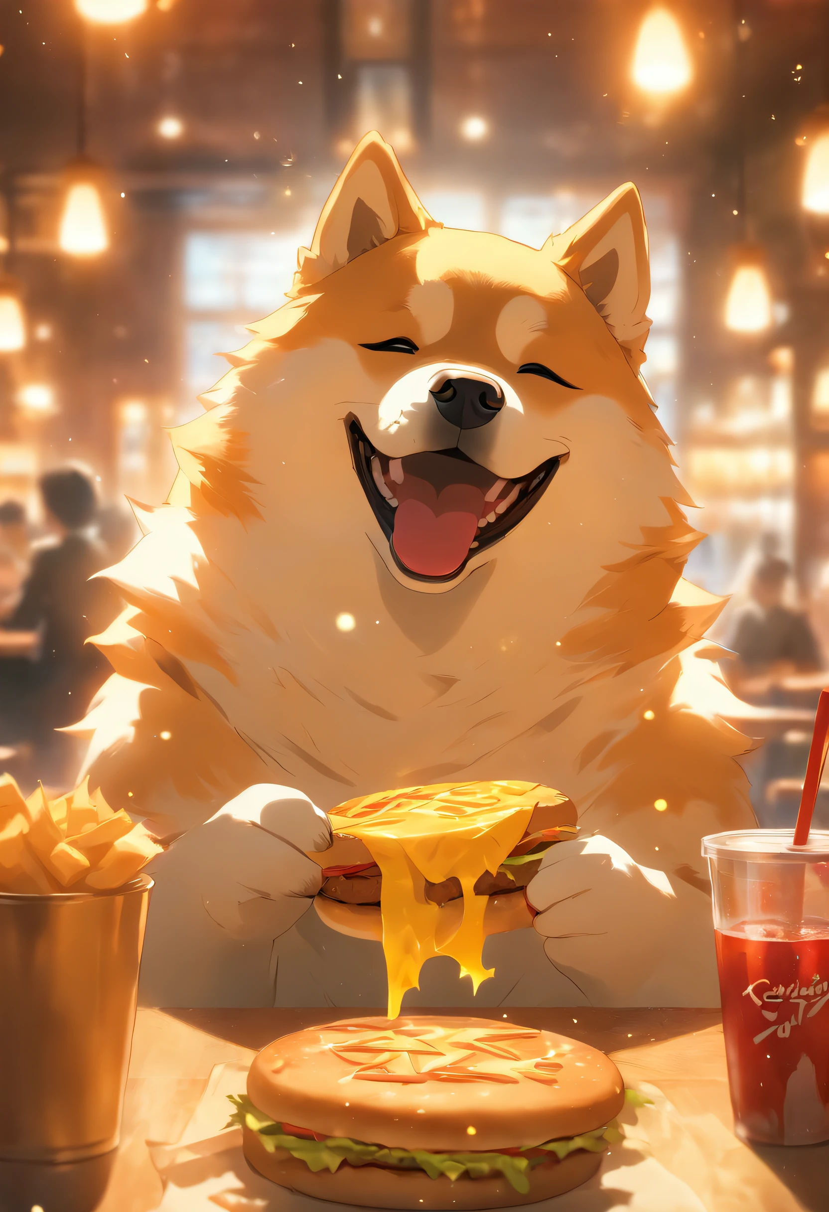 A professional photo, Yellow-white Akita Inu, Grinning, In the restaurant, Holding a large burger in both hands, Cinematic dramatic light, Smooth transition, Bokeh