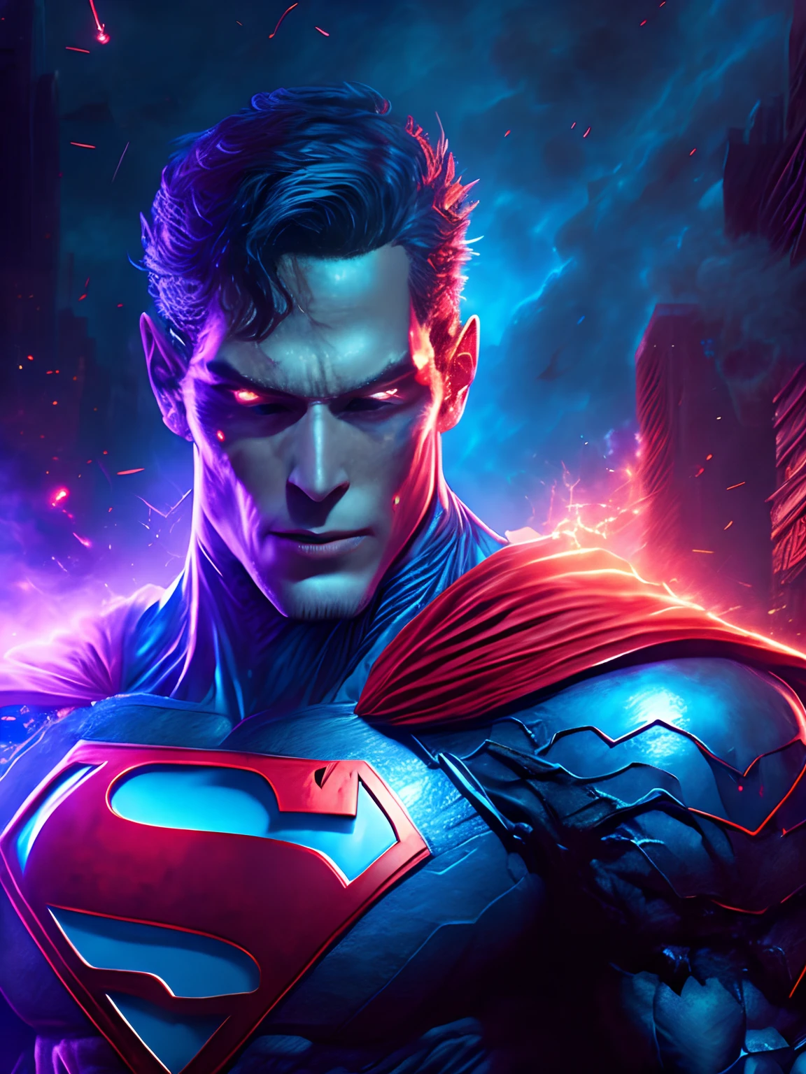 Retrato sombrio do Zombie Cyborg Superman da DC, extremamente detalhado, futuristic cityscape, noite, glowing neon lights, smoke billowing, Sparks, Metal shavings, Detritos voadores, efeitos da energia azul, volumetric light