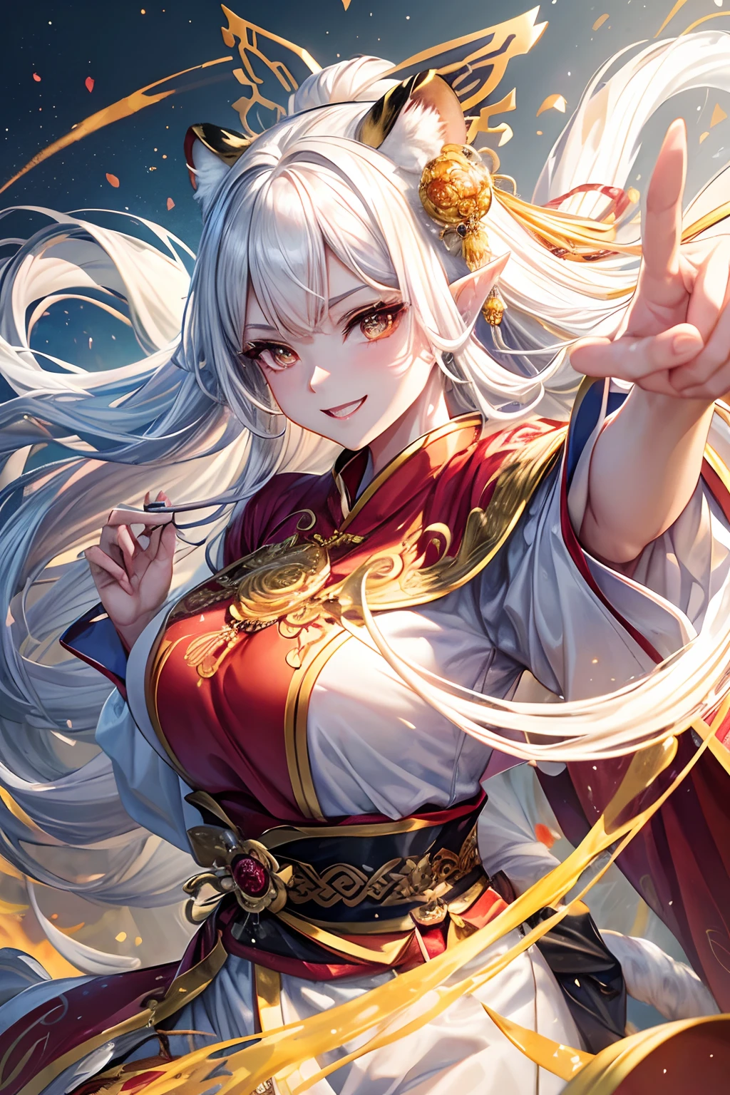 (Splash Art), (masutepiece ,Best Quality:1.2), 1girl in, Stunning Chinese Hanfu wedding cape,Crystal translucent tiger embroidery、 Detailed face, Smile strongly、 White hair, colourfull、Long length, Tiger ears、Precision Line, Large-scale muralists, manticore, Tiger and White Tiger, Gold-sprinkled background