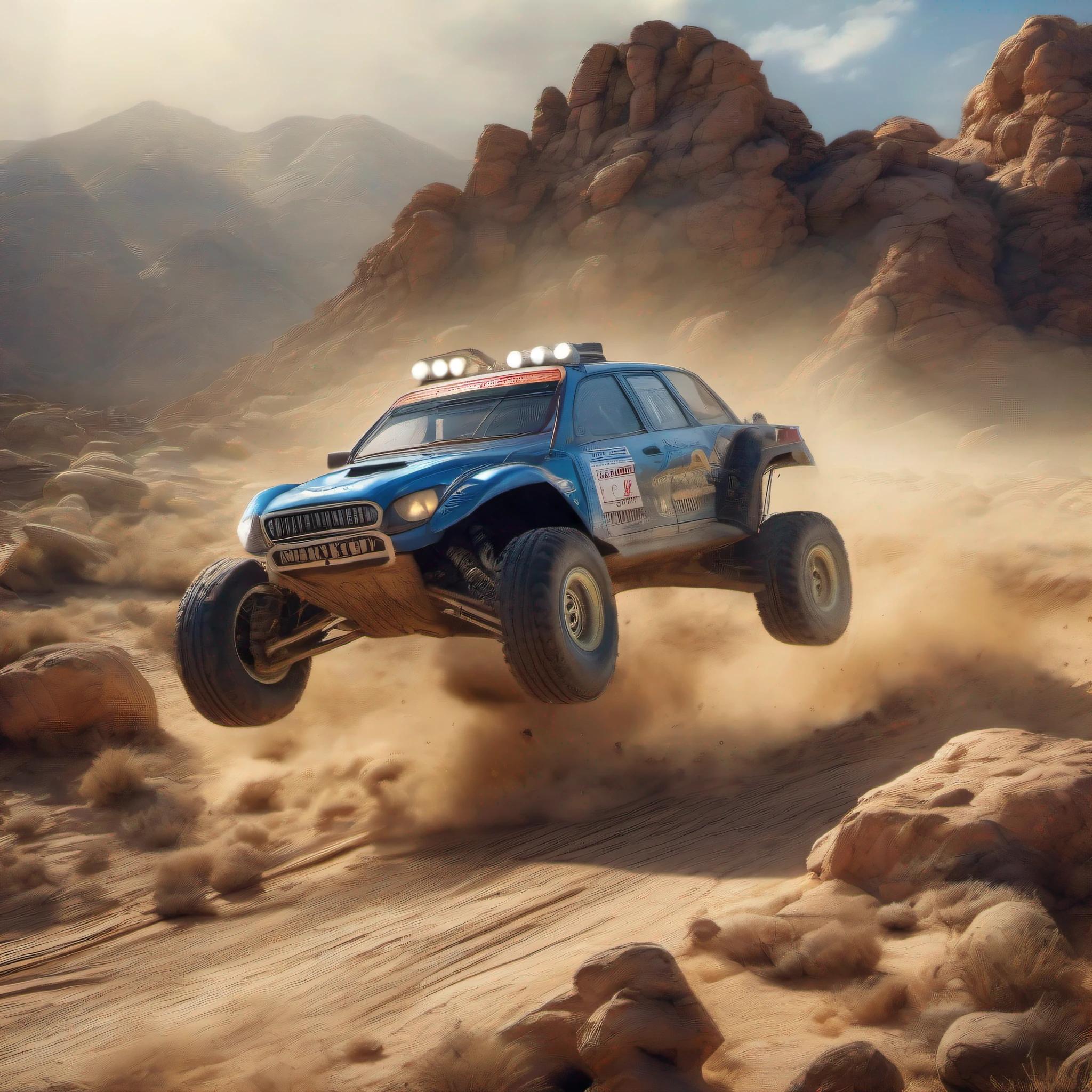 professional photo realistic artwork of a fierce rocky desert rally, a masterpiece artwork of don Lawrence, insanely detailed and intricate, epic race battle scene, volumetric lighting