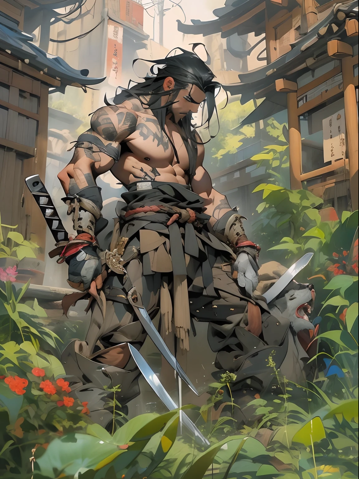 (((mtu))), (((best qualityer))), (((tmasterpiece))), (((AS-Adult))), ((( Japanese ))), Look up from your knees, Handsome Asian samurai,perfect body figure, Modern samurai, ((( Asian))), Wear gloves on your hands,The left arm is made of steel and metal tips,Made of protective devices, The eyes are pulled, (( Appears below the chest )), (( Small dental floss )), Simon Bisley, Almost naked(Simon Bisley)Castle City Wilderness,For high-resolution posters, hair straight, Minimum clothing, armure (Crazy clothes ), Full of tips and rivets, tribal tattoos, (((full bodyesbian))), Straight brunette hair,Colored hair ends