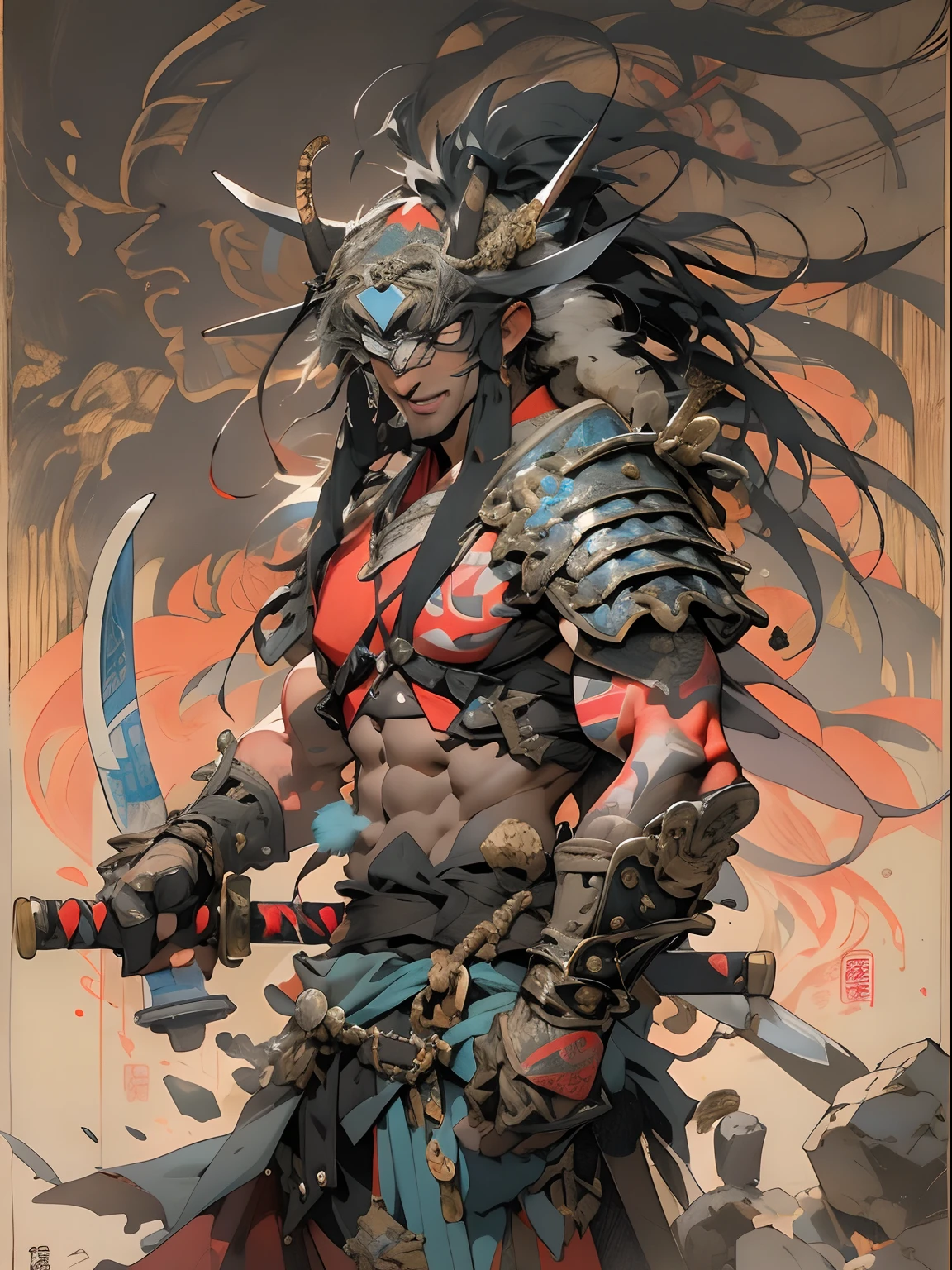 (((mtu))), (((best qualityer))), (((tmasterpiece))), (((AS-Adult))), ((( Japanese ))), Look up from your knees, Handsome Asian samurai,perfect body figure, Modern samurai, ((( Asian))), Wear gloves on your hands,The left arm is made of steel and metal tips,Made of protective devices, The eyes are pulled, (( Appears below the chest )), (( Small dental floss )), Simon Bisley, Almost naked(Simon Bisley)Castle City Wilderness,For high-resolution posters, hair straight, Minimum clothing, armure (Crazy clothes ), Full of tips and rivets, tribal tattoos, (((full bodyesbian))), Straight brunette hair,Colored hair ends