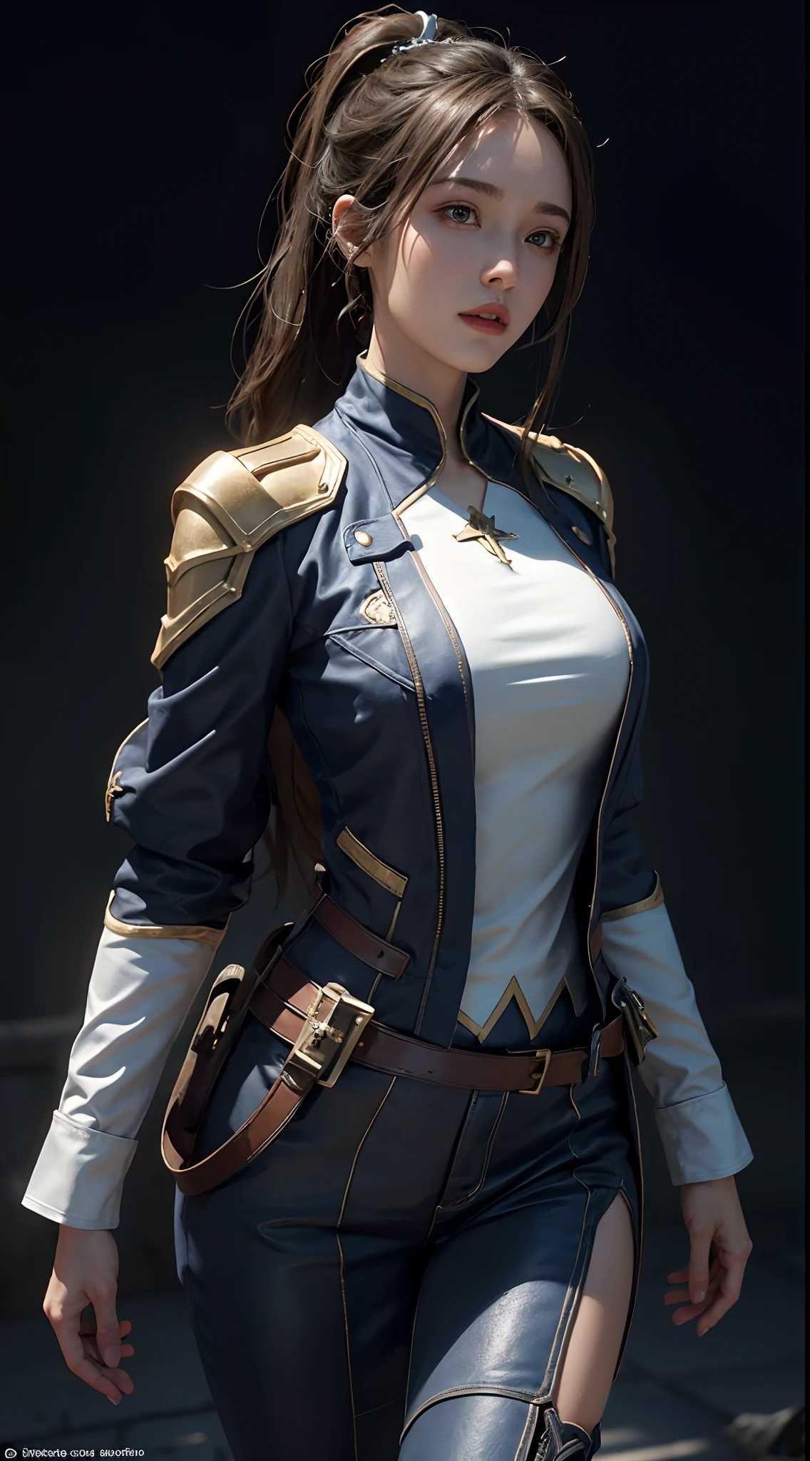 ((Best quality)), ((masterpiece)), (detailed:1.4), 3D, an image of a beautiful fantasy character ,HDR (High Dynamic Range),Ray Tracing,NVIDIA RTX,Super-Resolution,Unreal 5,Subsurface scattering,PBR Texturing,Post-processing,Anisotropic Filtering,Depth-of-field,Maximum clarity and sharpness,Multi-layered textures,Albedo and Specular maps,Surface shading,Accurate simulation of light-material interaction,Perfect proportions,Octane Render,Two-tone lighting,Wide aperture,Low ISO,White balance,Rule of thirds,8K RAW, A beautiful mature woman , dark brown hair , extremely long hair , hair in a ponytail , brown eyes ,  age 41 , wearing white tan and blue , wearing a jacket , fantasy attire