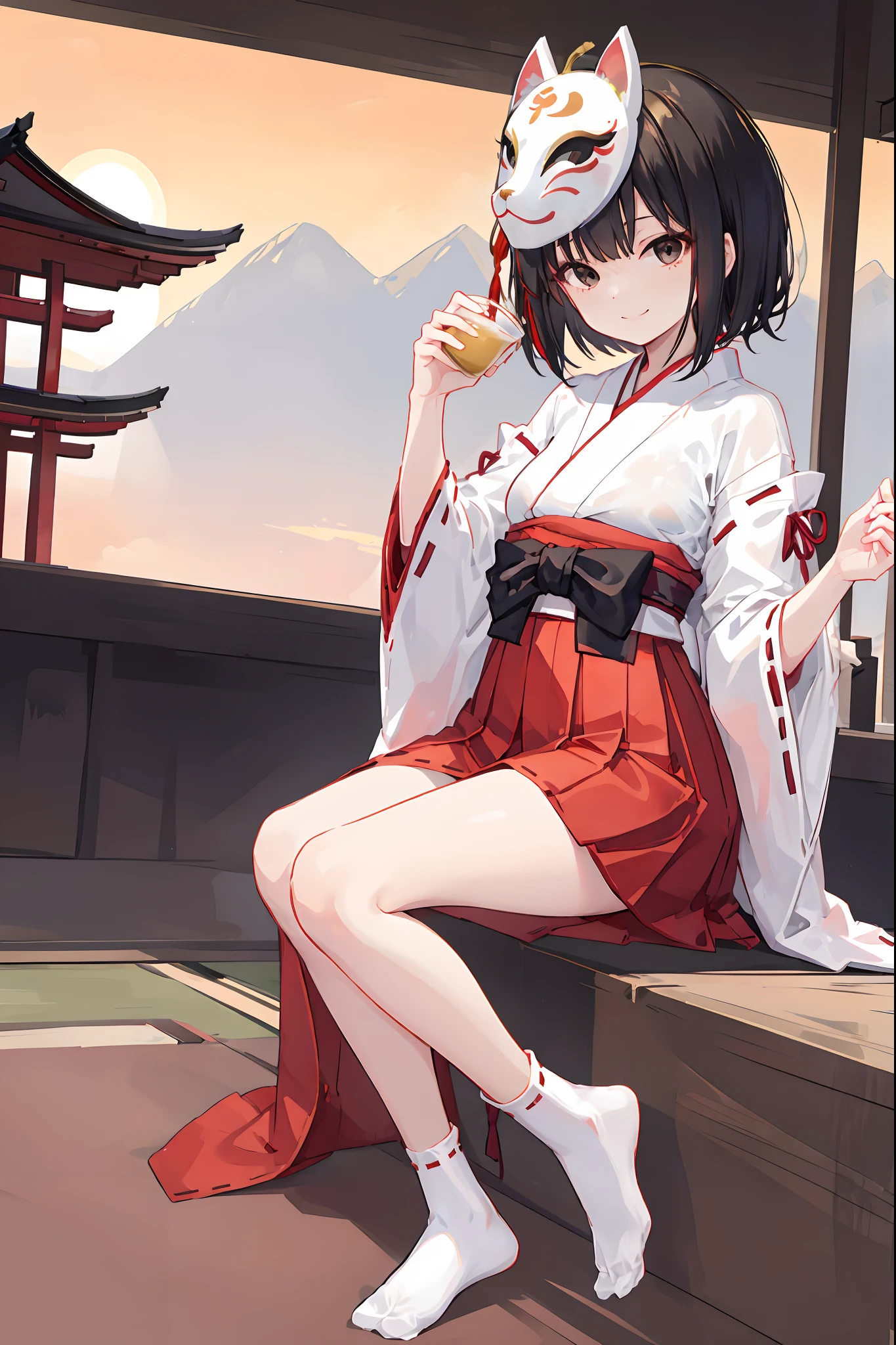 1girl, short black hair girl with black eyes, smiling, wearing yaokaimask, wearing kitsune mask, (miko outfit), ((red short hakama skirt)), white socks, miko girl, (****), small boobs, temple background, sunset, sitting, drinking tea