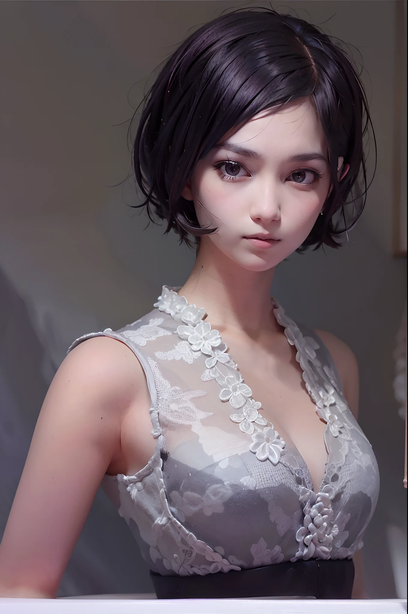 (realistic:1.37),dark short hair,raven-black flowing hair,fringe,deep black eyes,21 years old,shoulder-length hair,black clothing,black uniform,medium:oil painting,female portrait,subtle smile,vivid colors,soft lighting,studio setting,detailed brushstrokes,luminous complexion,gentle expression,subtle highlights,wispy hair strands,confident gaze,classic black and white palette,dramatic contrast,bold composition,hint of mystery,sophisticated elegance,professional pose,graceful posture,immaculate details,smooth skin texture,impeccable symmetry,subtle background with hints of darkness,mood of intrigue,sublime artistry