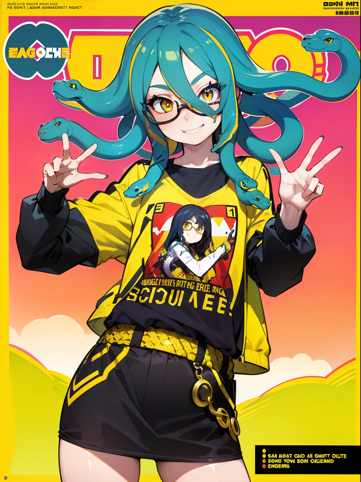 1girl,solo focus,(snake hair:1.2), multicolored hairs,medium hairs, yellow eyes,snake eyes,sunglass, cowboy shot,looking at viewer,smile,magazine cover,smile,jackets,t-shirt