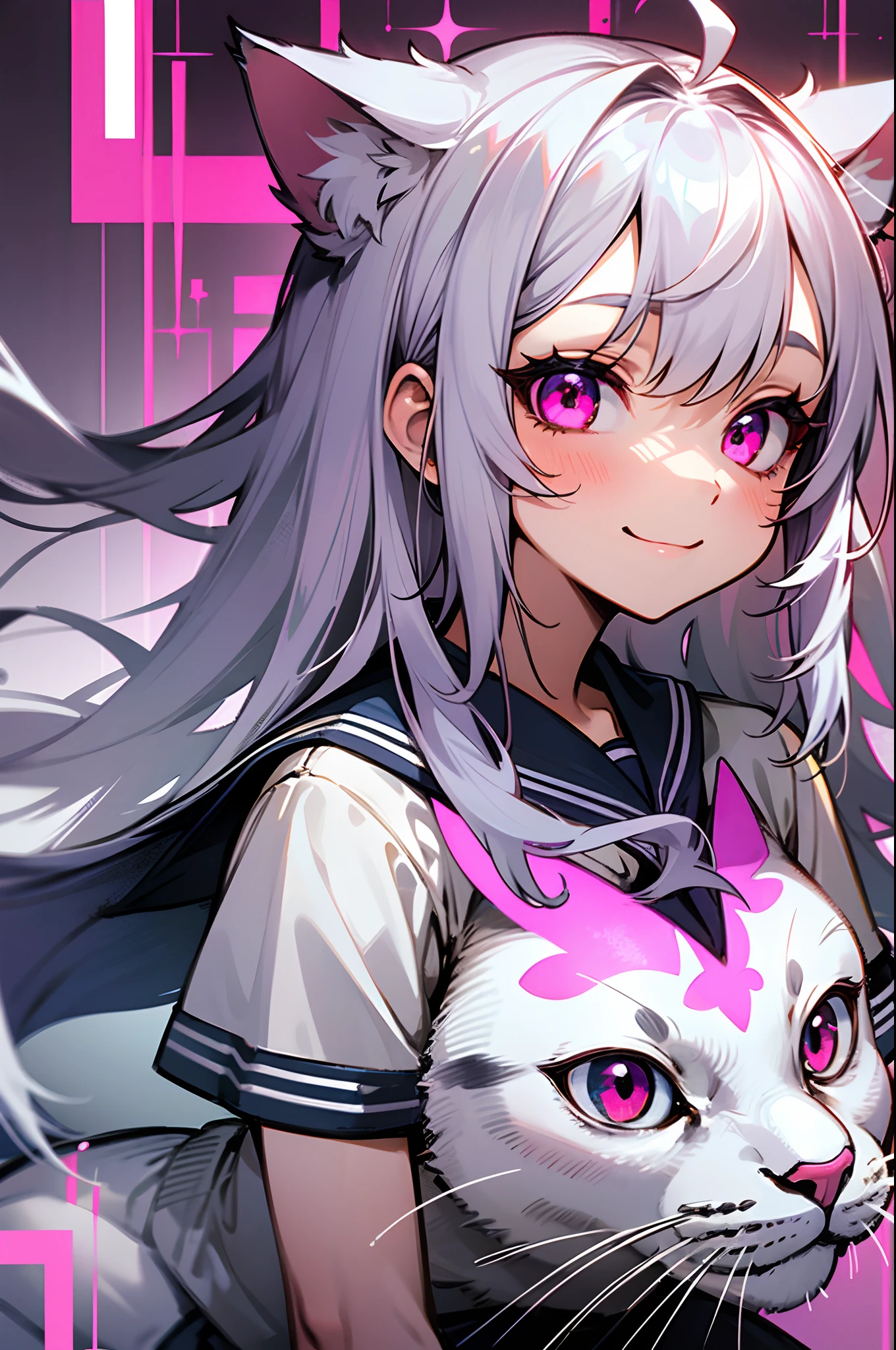 girl with、hi-school girl、Sailor Uniform、a miniskirt、silber hair、long silvery hair、Cat's ears、Pink eyes、Evil smile