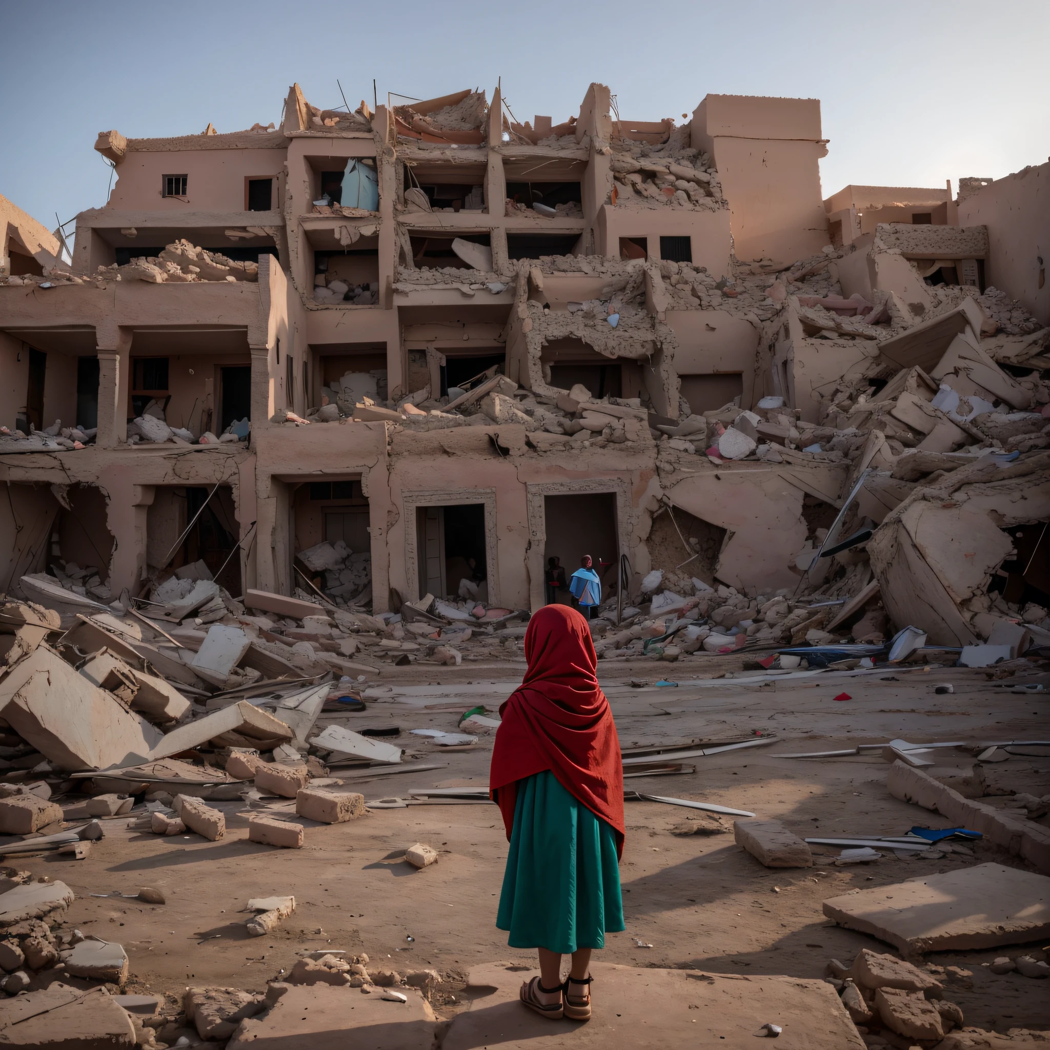 Morocco earthquake, one  from behind waving Moroccan flag looking at rubble and destruction, somber, hope, (masterpiece:1.1) (best quality) (detailed) (intricate) (8k) (HDR) (cinematic lighting) (sharp focus:1.1)