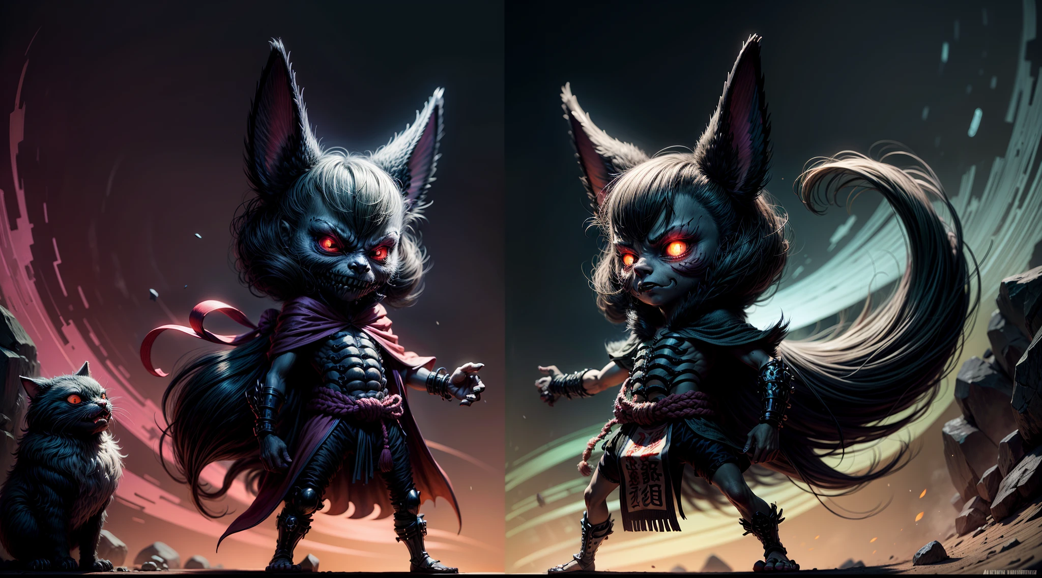 Yōkai creatures, Ambiente oscuro con colores vibrantes, asymmetric