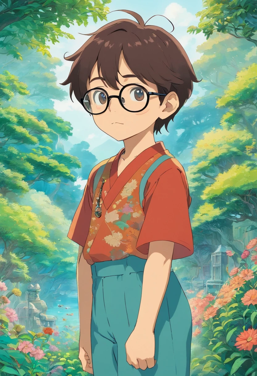 a boy wearing glasses, a necklace and long earrings, with a calm garden landscape style, colorful animated stills, masami teraoka, aquamarine, paul gauguin, Embry style, honest depiction