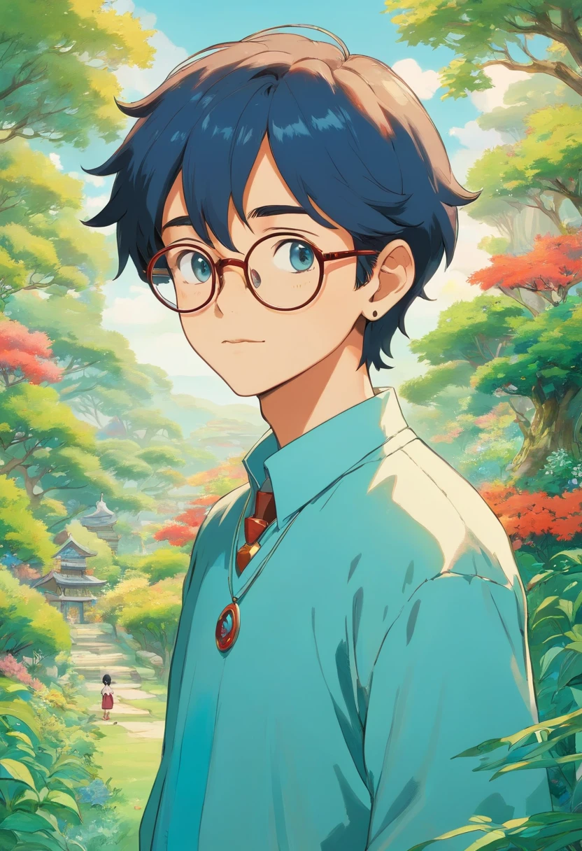 a boy wearing glasses, a necklace and long earrings, with a calm garden landscape style, colorful animated stills, masami teraoka, aquamarine, paul gauguin, Embry style, honest depiction